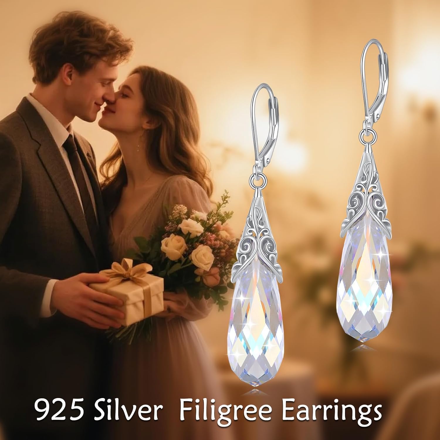 TIGERRIDER Amber/Aurora Borealis/Amethyst/Red Crystal Filigree 925 Sterling Silver Leverback Earrings Teardrop Dangle Earrings Vintage Jewelry Gifts for Women Christmas Birthday - Image 6