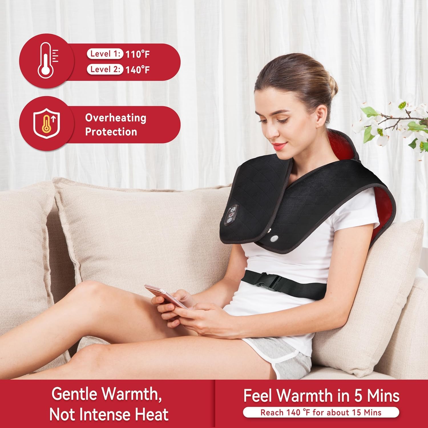 FLOITTUY Electric Heating Pad for Neck and Shoulders,Large Heating Pads for Back Pain Relief, Back Heat Wrap,Fast Heat Pad with Massager & 5 Massage Mode, Auto Shut Off,Gifts for Women,Men 2