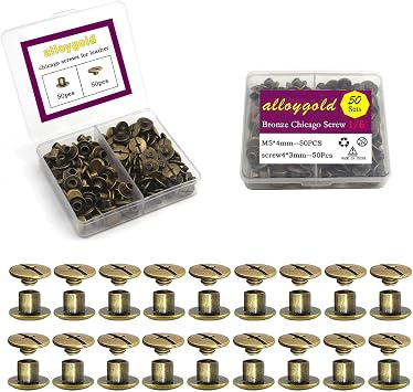 50 Sets Bronze Chicago Screws 1/6 inch - Great for Leather Crafts, Bindings and Repairs - Strong Rivet Screws with Easy to Use Design for a Professional Finish