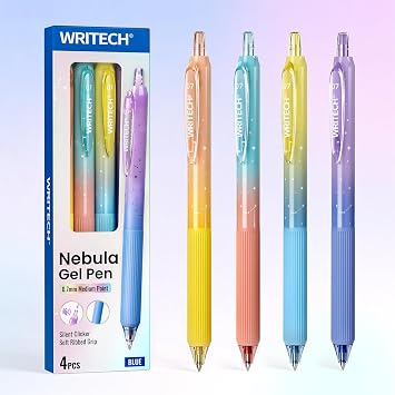 WRITECH Gel Pens Fine Point Blue Ink 0.7mm Retractable 4ct Smooth Writing with Aesthetic Gradient Color Barrel for Journaling Note Taking Silent Click No Smear Nebula Pen Set