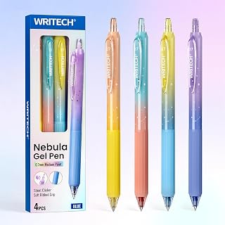 WRITECH Gel Pens Fine Point: Blue Ink 0.7mm Retractable 4ct Smooth Writing with Aesthetic Gradient Color Barrel for Journaling Note Taking Silent Click No Smear Nebula Pen Set