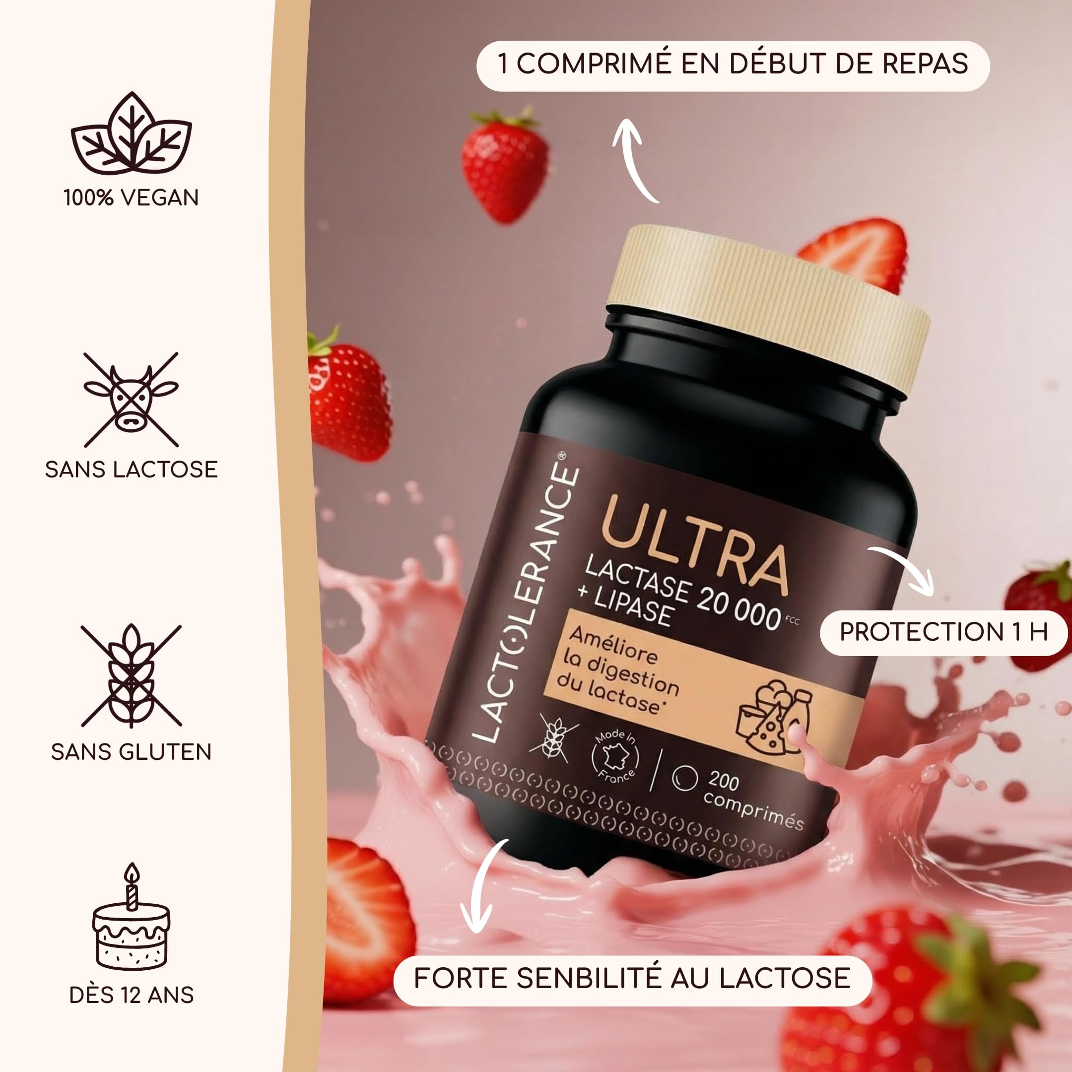 LACTOLERANCE ULTRA Lactase 20 000 FCC Lipase 500 UI 200 Comprimés Double action lactose et graisses enzymes digestives