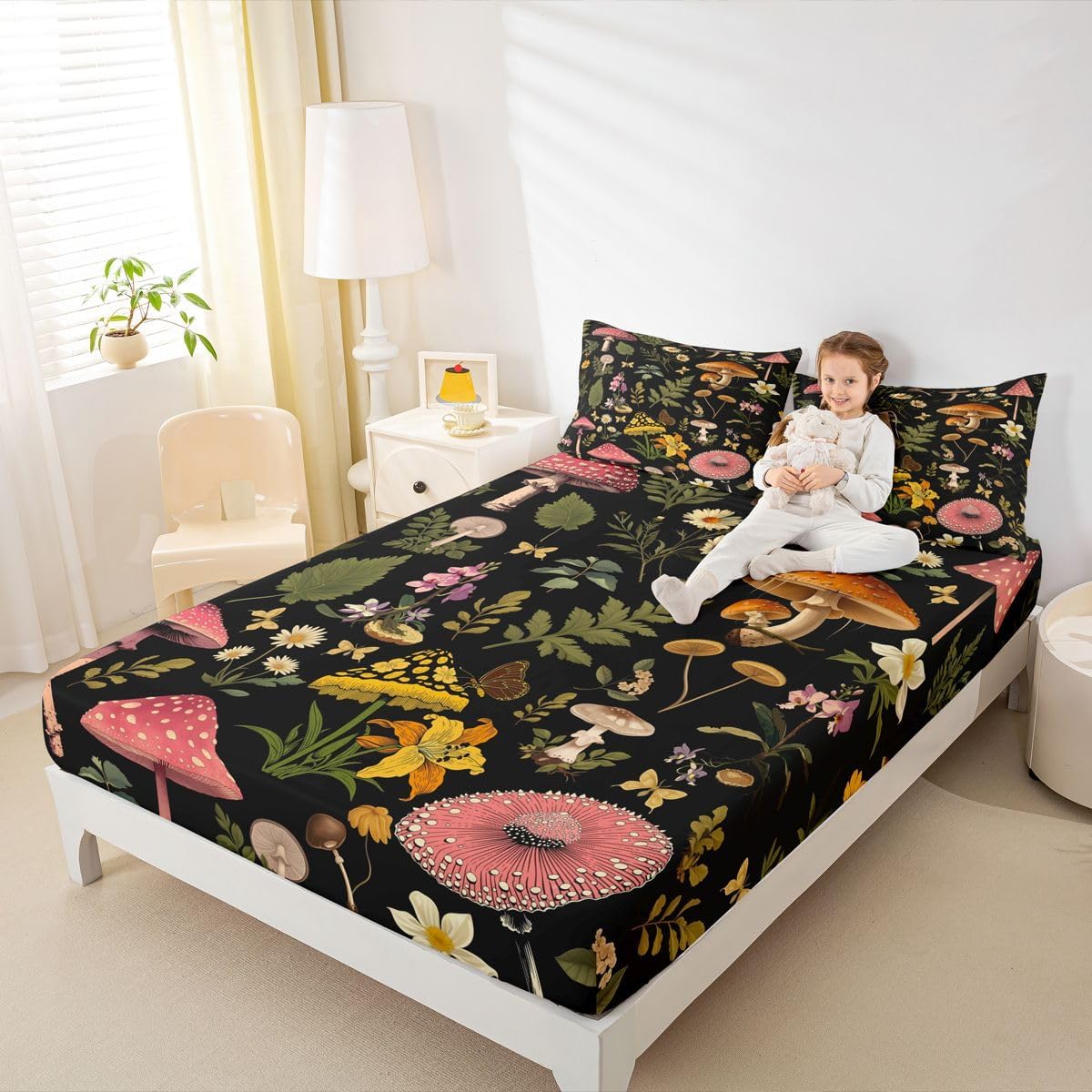 Mushroom Fitted Sheet Twin Size 2 Pcs,Jungle Plants Green Leaves Bed Sheet for Kids Teens Adults,Wild Butterfly Vintage Daisy Deep Pocket,1 Pillowcase(No Flat Sheet)