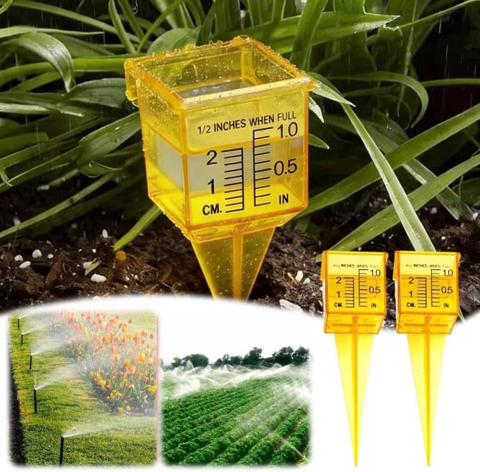 Pluviómetro de 1,5 pulgadas para exteriores con gran apertura, medidor de agua de plástico transparente para césped y jardín, medidor de lluvia de color amarillo brillante, 10 unidades