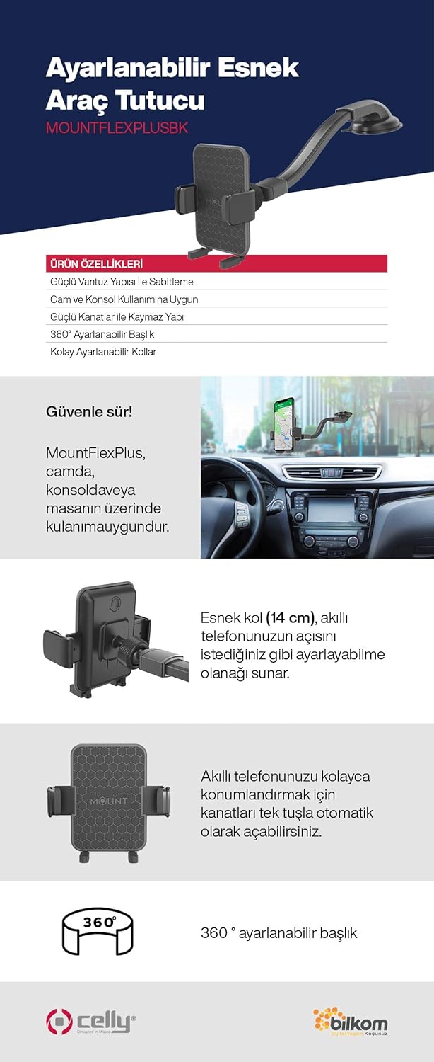 Infographic detailing Celly Car Holder Flex Plus features and usage