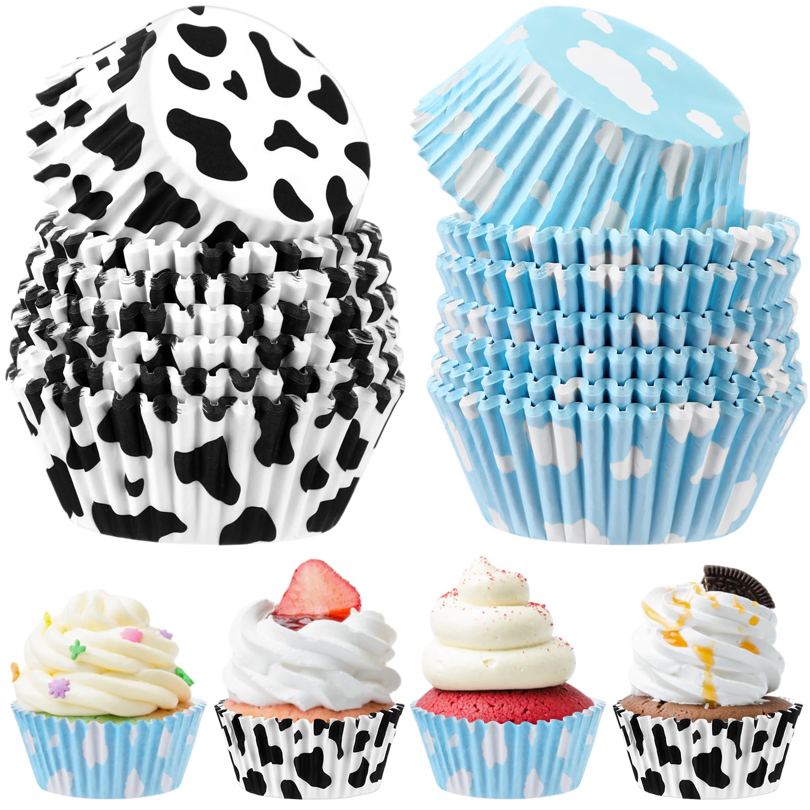 Cunhill 300 Pcs Paper Baking Cups Include 150 Cloud Blue Cupcake Liners 150 Cow Print Cartoon Story Cupcake Topper for Cake Balls Muffins Toy Theme Birthday Baby Shower Party Supplies