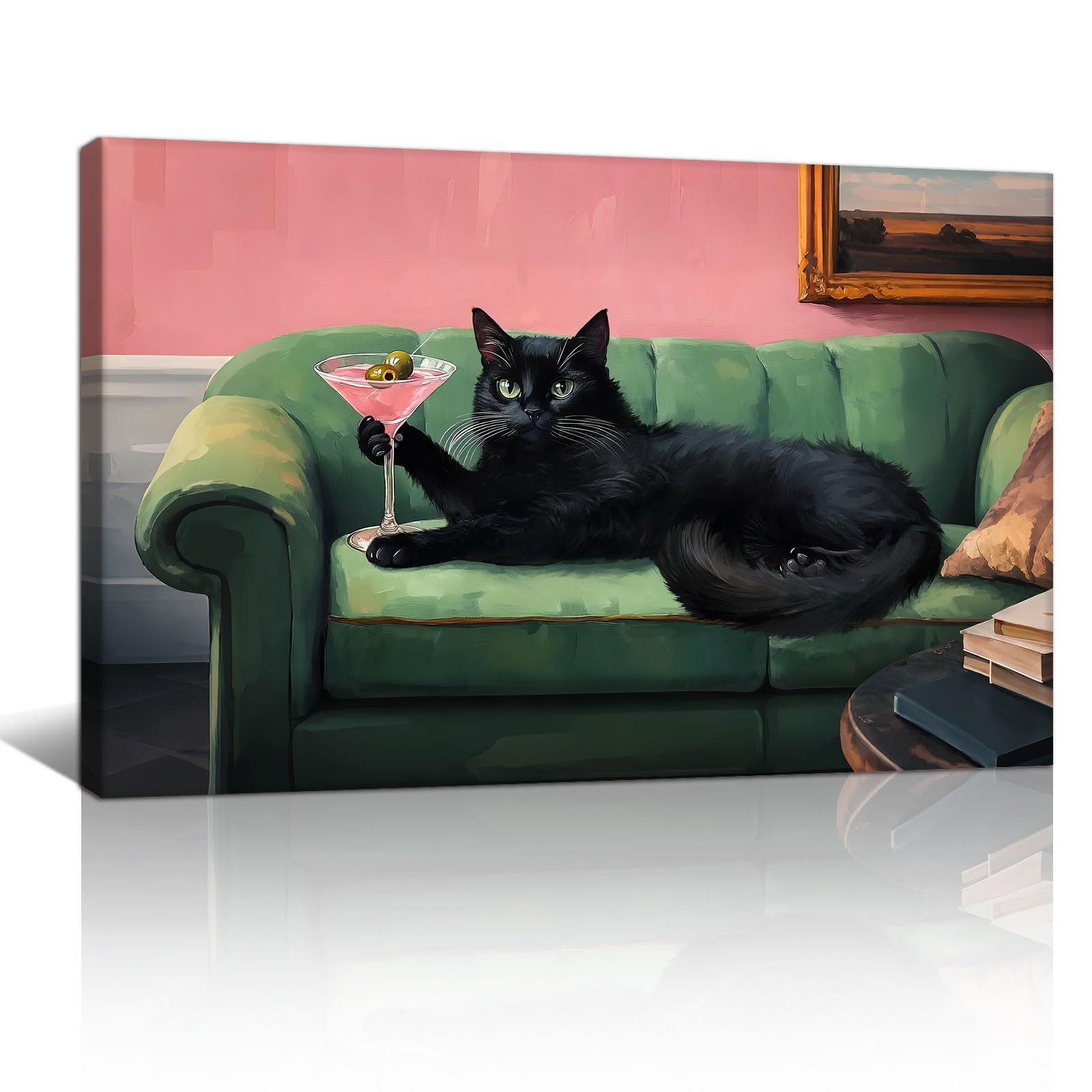 FajerminArt Funny Black Cat Martini Framed Canvas Wall Art, Eclectic Cocktail Canvas Art Print Paintings Ute Animal Artwork Picture Wall Decor for Bedroom Living Room Kitchen Pub 30X40cm