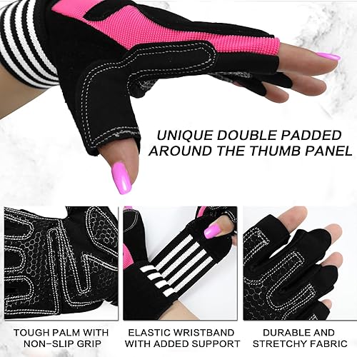 Miniatura 3 de Guantes de levantamiento de pesas para mujer, entrenamiento de gimnasio con soporte de muñeca, guantes acolchados de medio dedo para ejercicio de