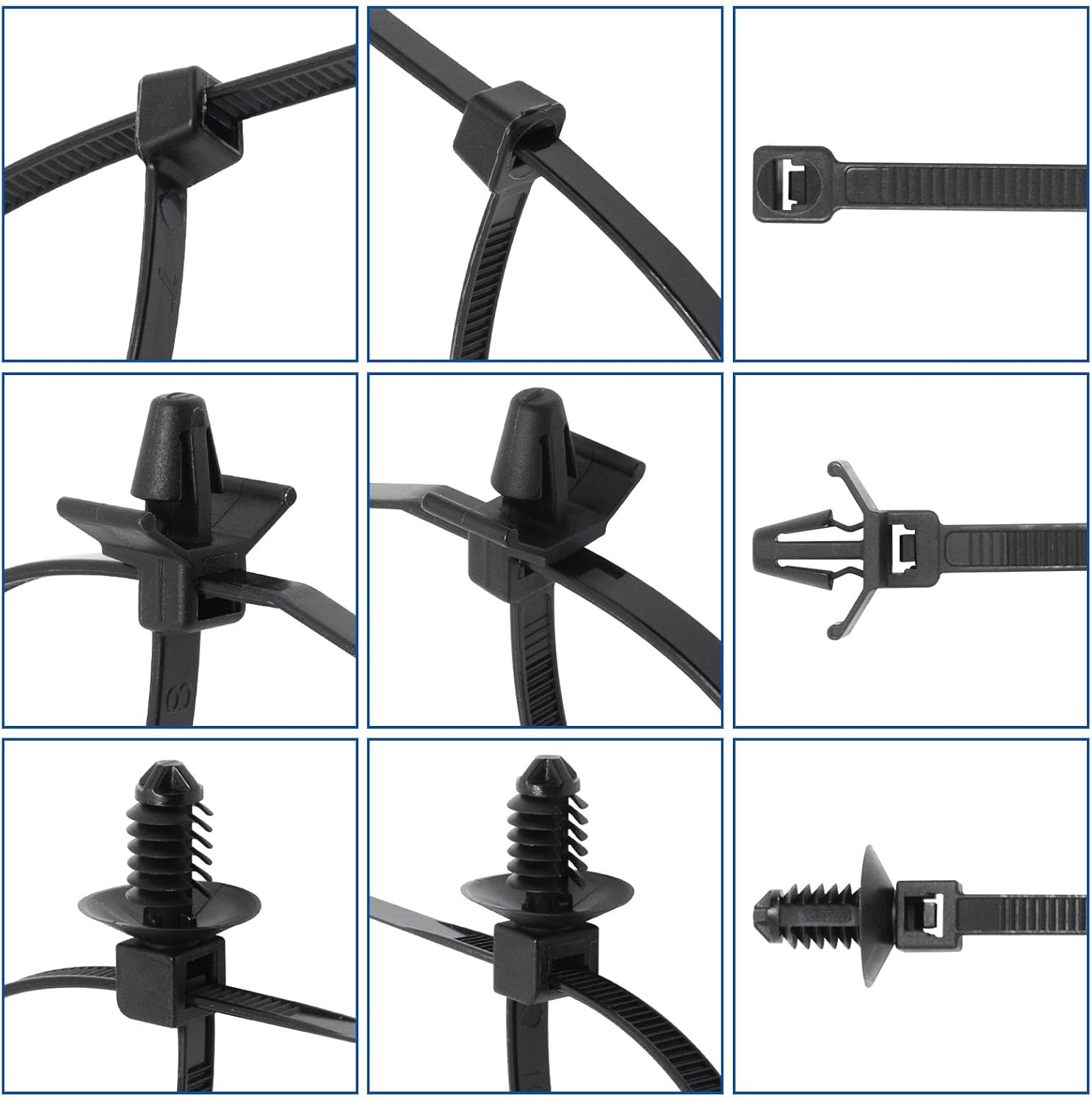 60pcs Zip Ties Assorted Sizes, 6 Popular Size Push Mount Cable Ties Universal Nylon Self Locking Straps Heavy Duty Zip Tie Anchors for Indoor Outdoor Electronic Auto Construction Wire Tying