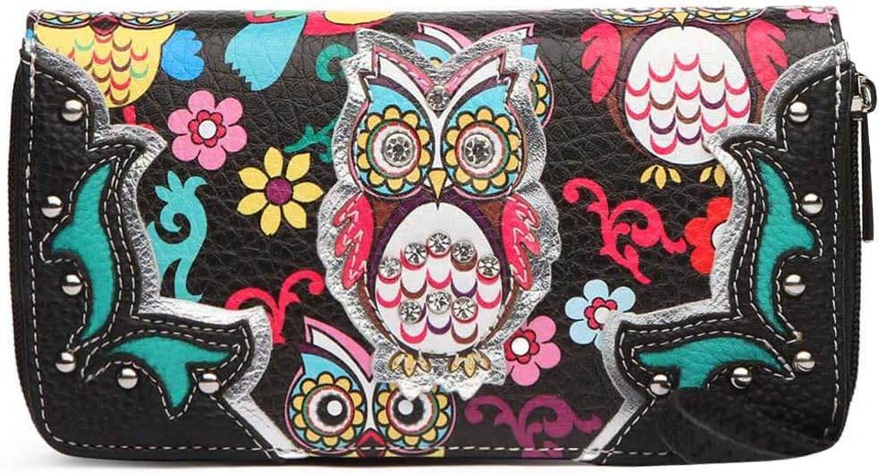 Colorful Owl Western Summer Fashion Purse Concealed Carry Handbags Women Country Shoulder Bag Wallet Set (Black Set)