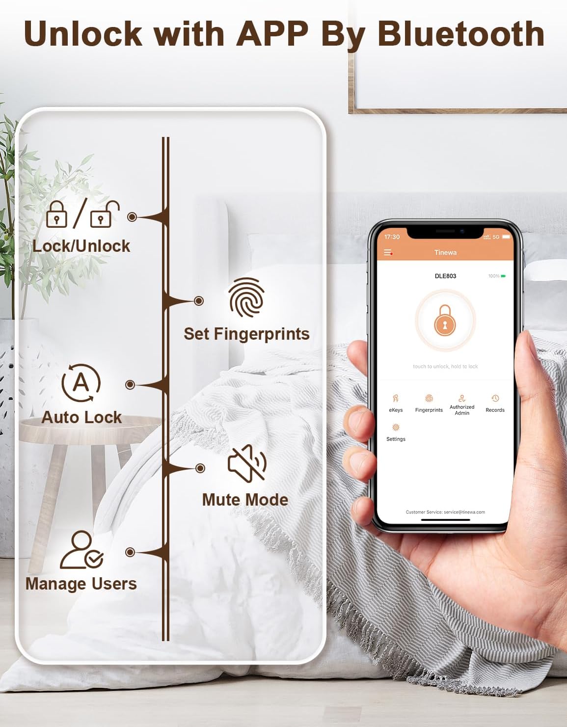 Emergency USB-C power feature for Tinewa DLE8 door lock, showing a power bank connected to the lock for temporary power.
