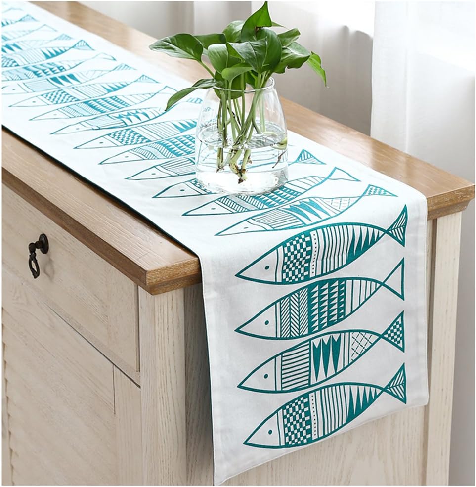 Amazon 綿麻 テーブルランナー 洗える 魚柄 シンプル 北欧風 31 148cm 3cm グリーン テーブルランナー オンライン通販