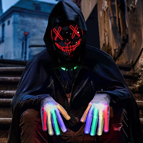 Miniatura 7 de Brightown Conjunto de disfraz de Halloween para niños y niñas, capa negra con capucha, 3 modos de luz y guantes brillantes multicolor