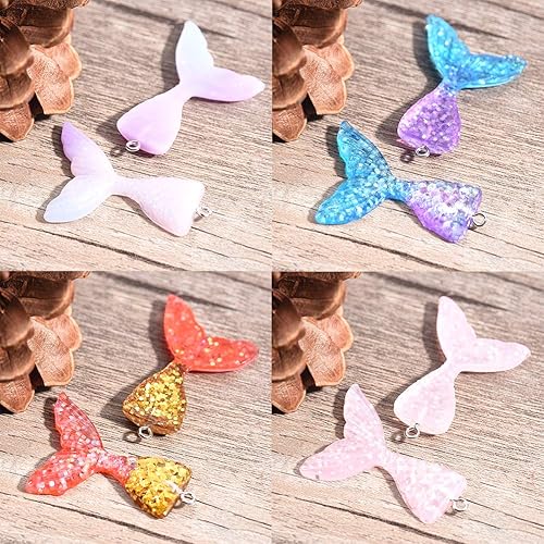 Miniatura 5 de SUNNYCLUE 40 dijes de cola de sirena de resina con parte trasera plana con polvo de purpurina para verano con cola de pez de océano para hacer