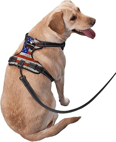 Miniatura 3 de Arnés personalizado para perro sin tirones, chaleco personalizado con bandera estadounidense vintage con número de teléfono y nombre de mascota,