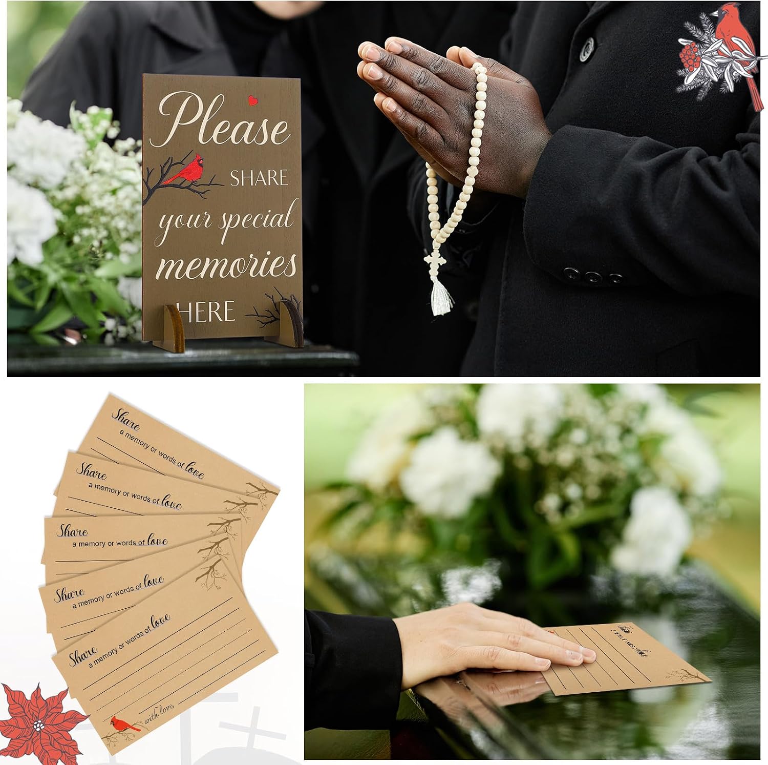 Gilprop 112 Pcs Celebration of Life Memory Cards Set Share a Memory Cards with Box 2 Wood Sign with 4 Hold and 5 Pens, Sympathy Memorial Gifts Funeral Keepsake Decorations(Cardinal)