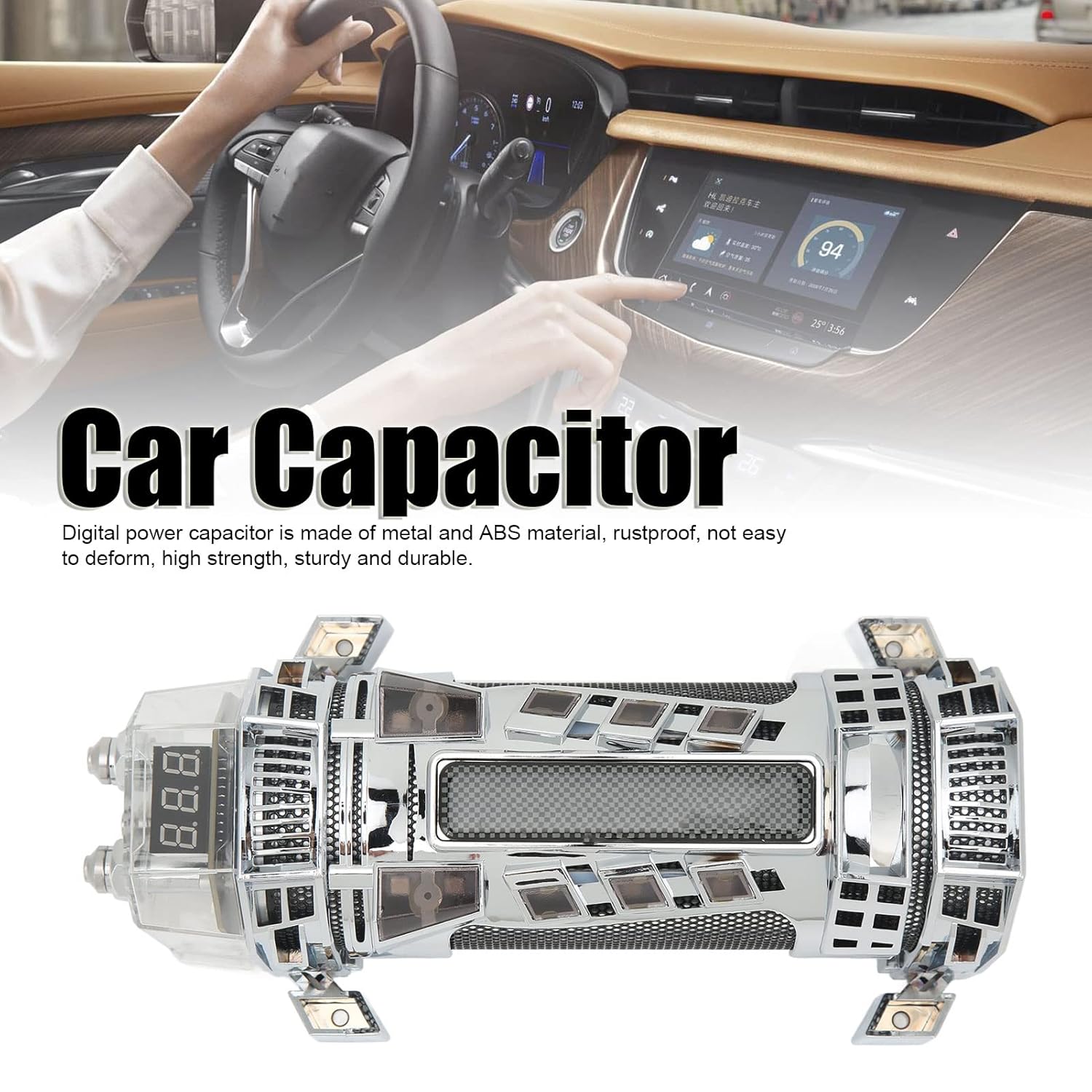 Qiilu 4.0 Capacitor, 12V Car Storage Reinforcement Capacitor with 3 Digit Voltage Display