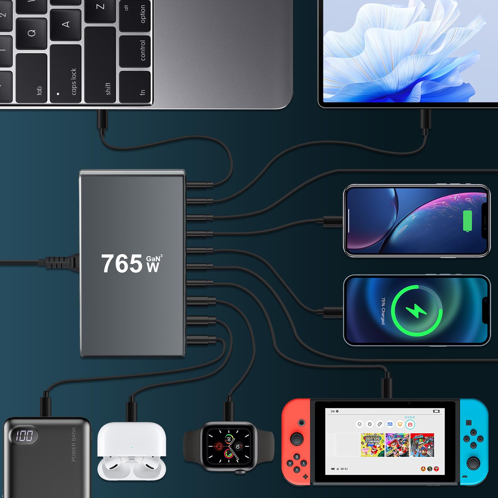 Chargeur USB C multiple 765 W PD 140 W Chargeur rapide 10 ports Station de charge GaN-III Chargeur avec 7 ports USB-C et 3 ports USB-A pour MacBook iPad Pro/Air, iPhone 16 15 Pro Max, Samsung, Xiaomi