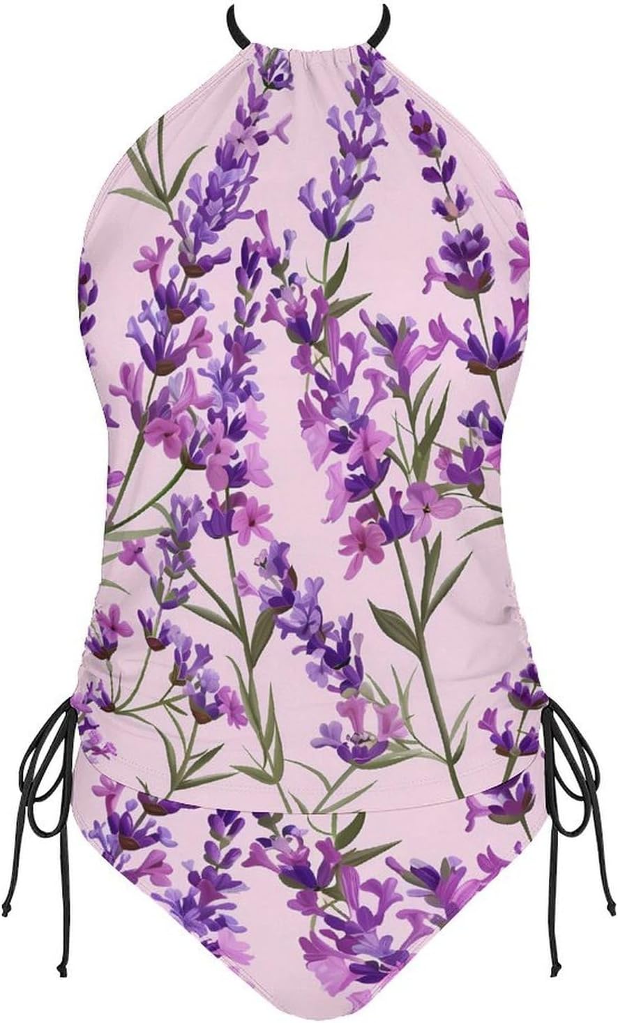 Beauty Lavender Flower Funny Women's String Swimwear Set 2 Pcs Tankini Swimsuits Bathing Suit