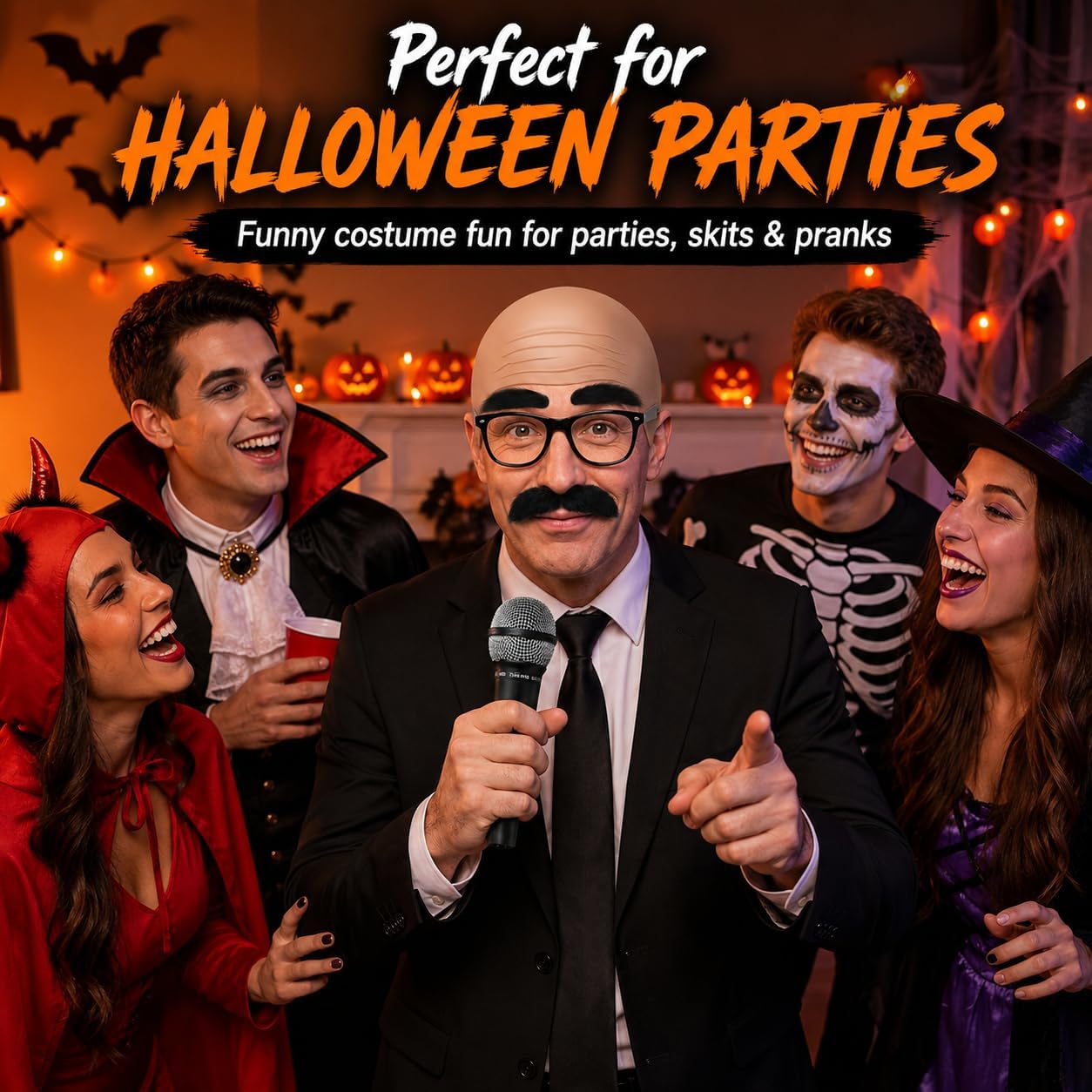 Halloween Bald Cap Costume Set, 5 Pcs with Brown Cap, Glasses, Mic, Mustache & Eyebrows for Men Women, Cosplay