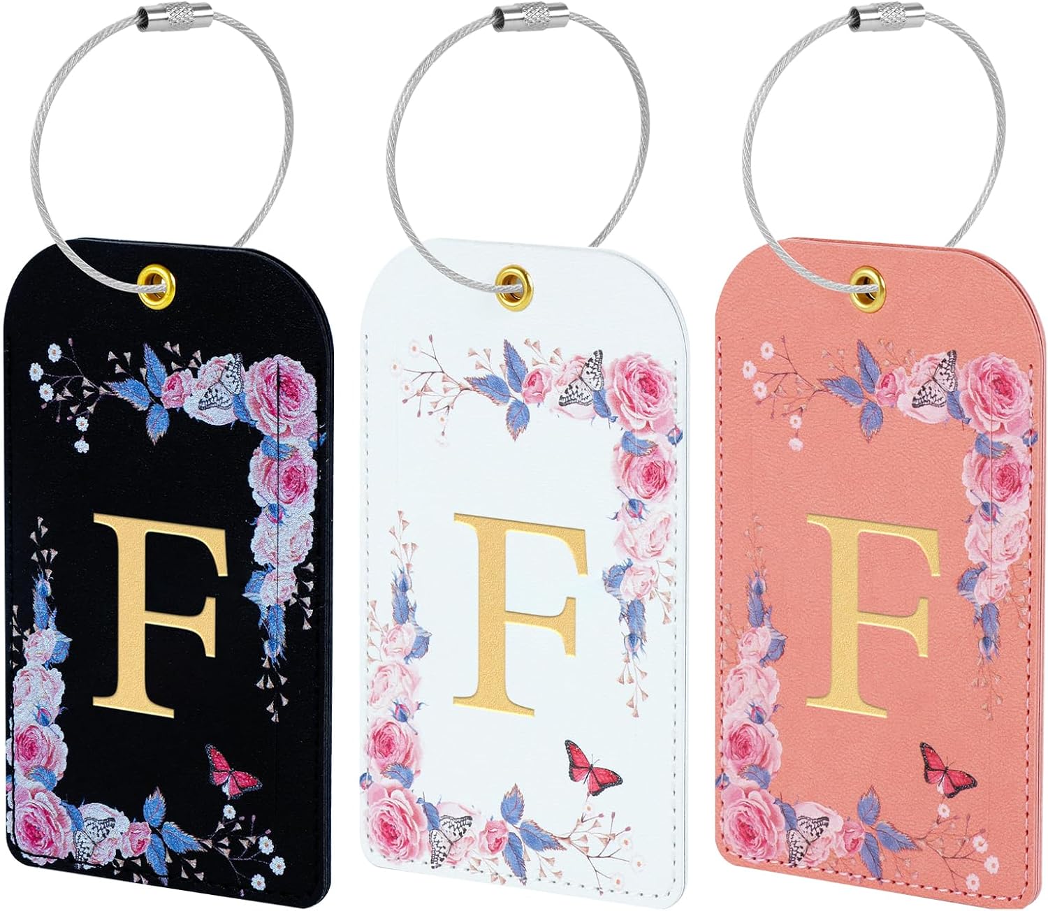 3 Pack Luxury Floral PU Leather Luggage Tags, Travel Accessories Gift (F)