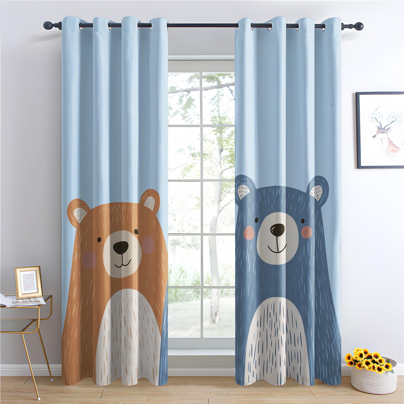 Bär Vorhänge Kinder Cartoon Safari Tiere Vorhang Blickdicht Gardinen 166 cm Hoch Verdunklungsvorhänge mit Ösen Thermovorhang für Wohnzimmer Schlafzimmer Kinderzimmer Fenster Deko 2er Set T#325