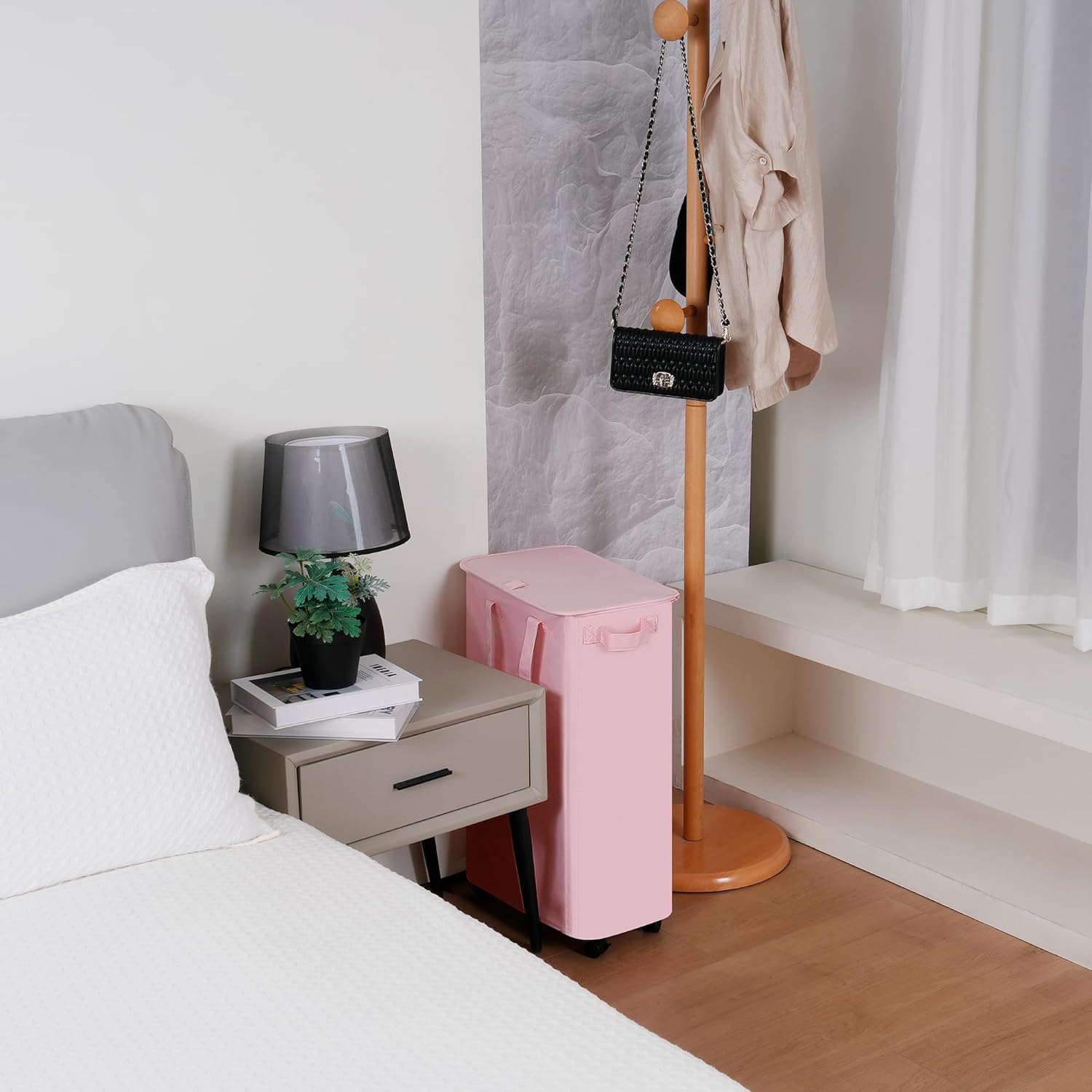 Slim Laundry Hamper with Lid and Wheels, Small Rolling Laundry Basket with Handle for Small Spaces, Tall Dirty Clothes Hampers for Dorm, Bathroom and Bedroom, 55L, Pink