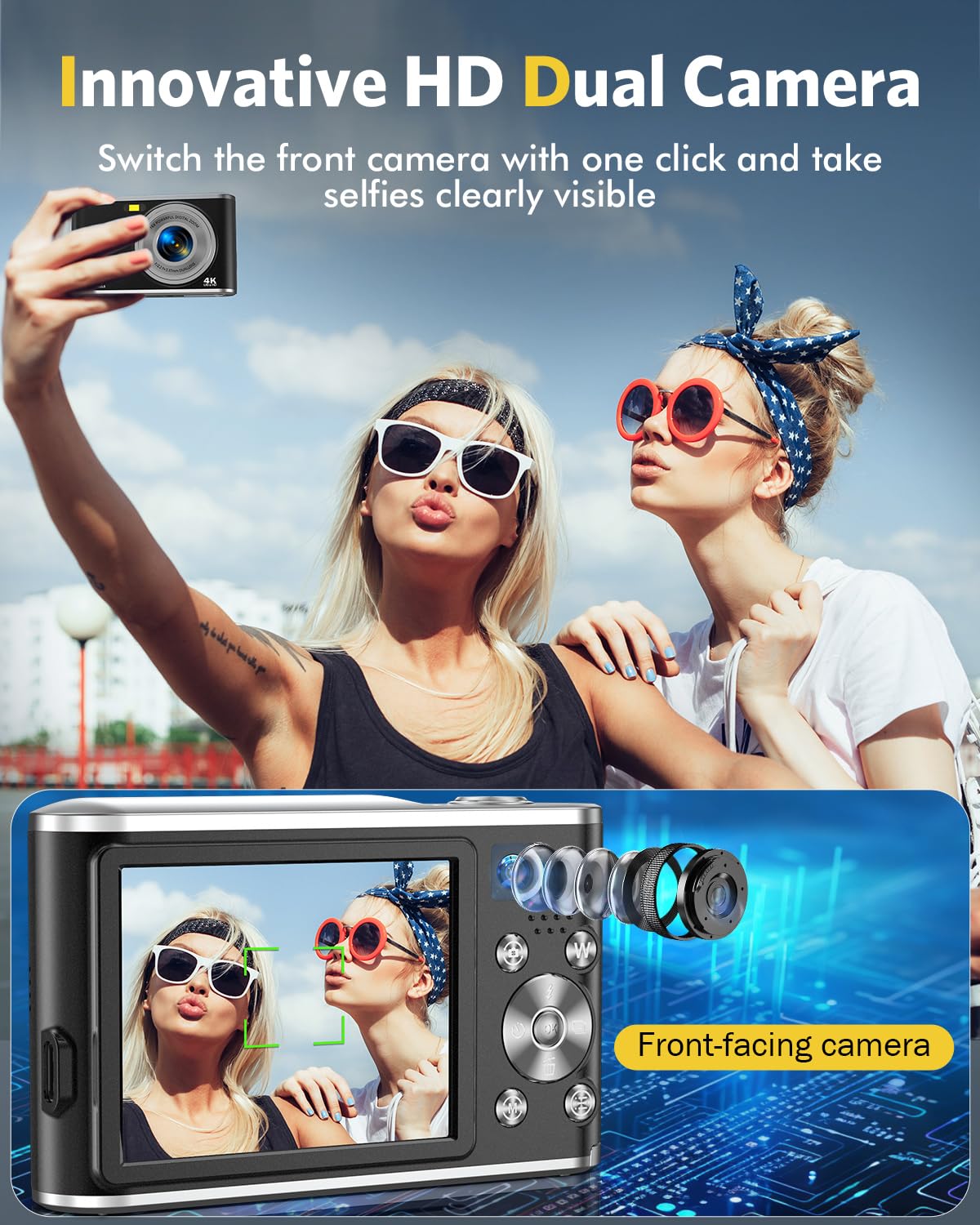 Appareil Photo numérique, Autofocus 4K Appareil Photo Compact avec Carte mémoire 32 Go, Double Objectif HD 48 MP, Zoom numérique 16x, Grand écran 2,8 Pouces Appareil Photo numérique pour débutants