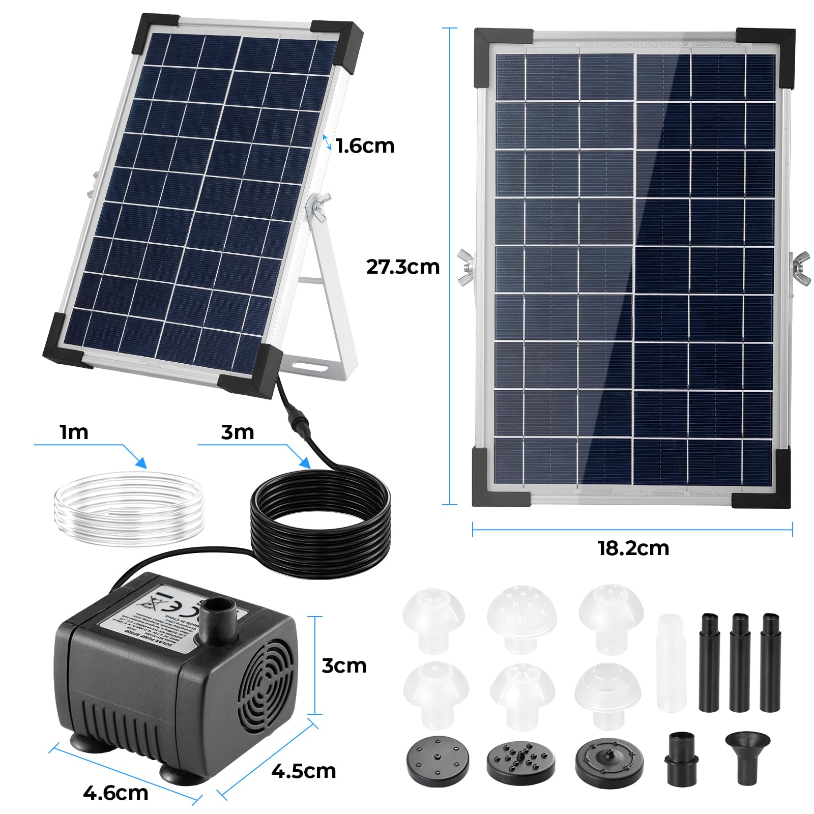 Bomba Solar para Estanque de 5 W, 170 L/h, con Tubería de Agua de 1 m, 9 Boquillas y Cable de 3,25 m, Ideal para Estanques, Fuentes, Cascadas y Piscinas
