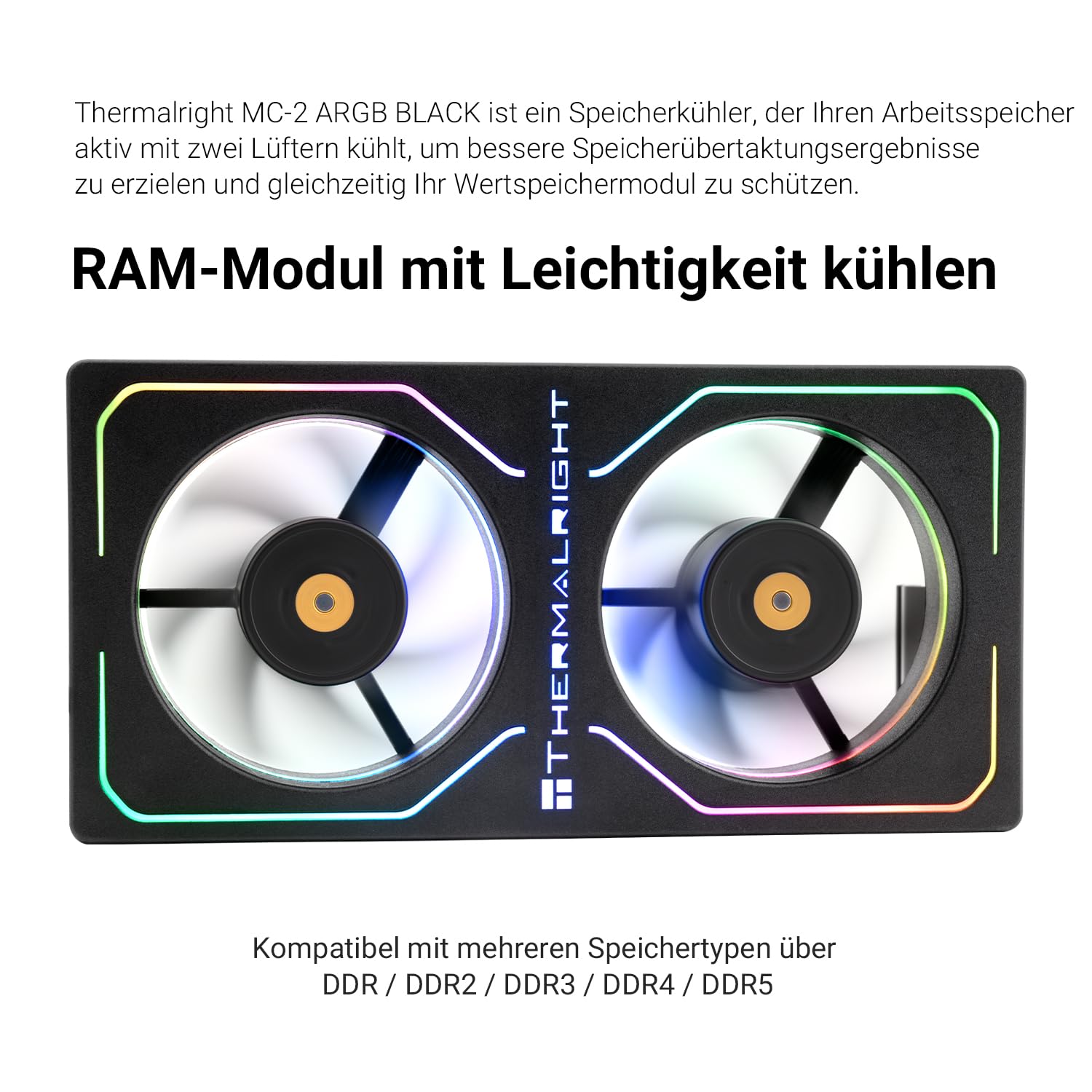 Thermalright MC-2 ARGB Black Memory Cooler, double ventilateur avec design PWM 3200 tr/min, refroidisseur de RAM silencieux, flux d'air de 16,17 CFM pour kits de RAM DDR5/DDR4 de bureau