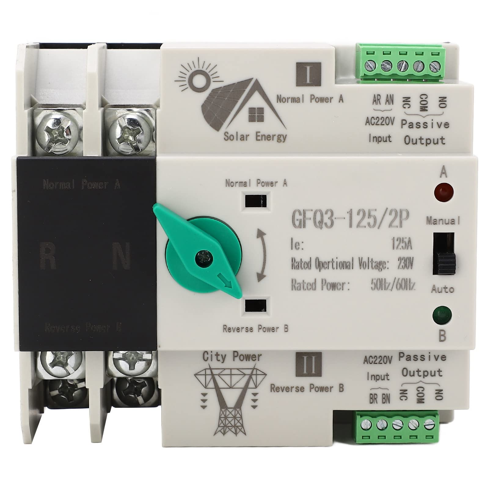 2P Power Switch Controller, PV To Mains 35mm Rail Mounting 50/60Hz Dual Power Automatic Transfer Switch Timing for Emergency Power Supply (63A)-image-6