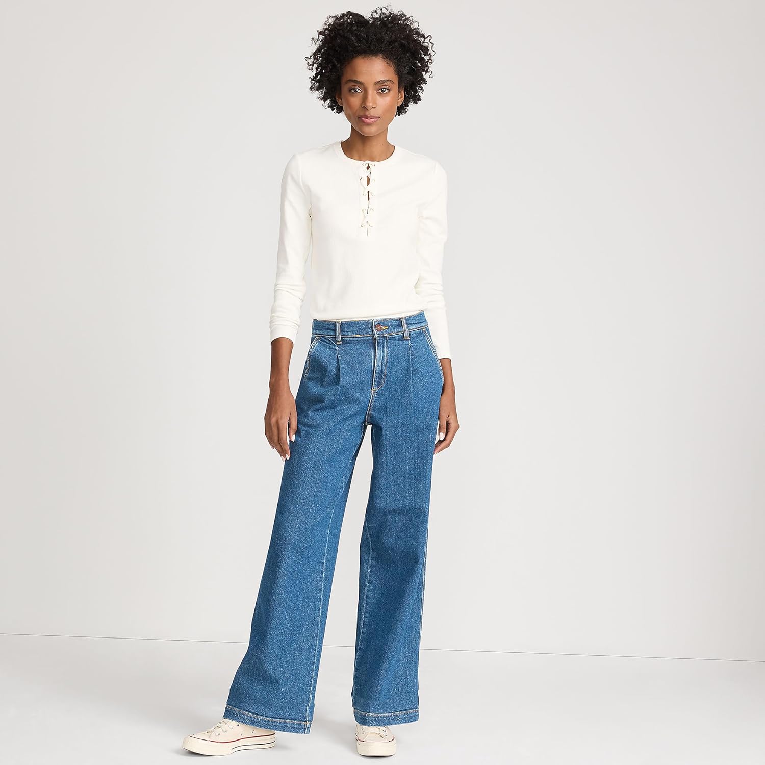 Lands' End Women's High Rise Soft Denim Pleated Wide Leg Trousers - Image 3