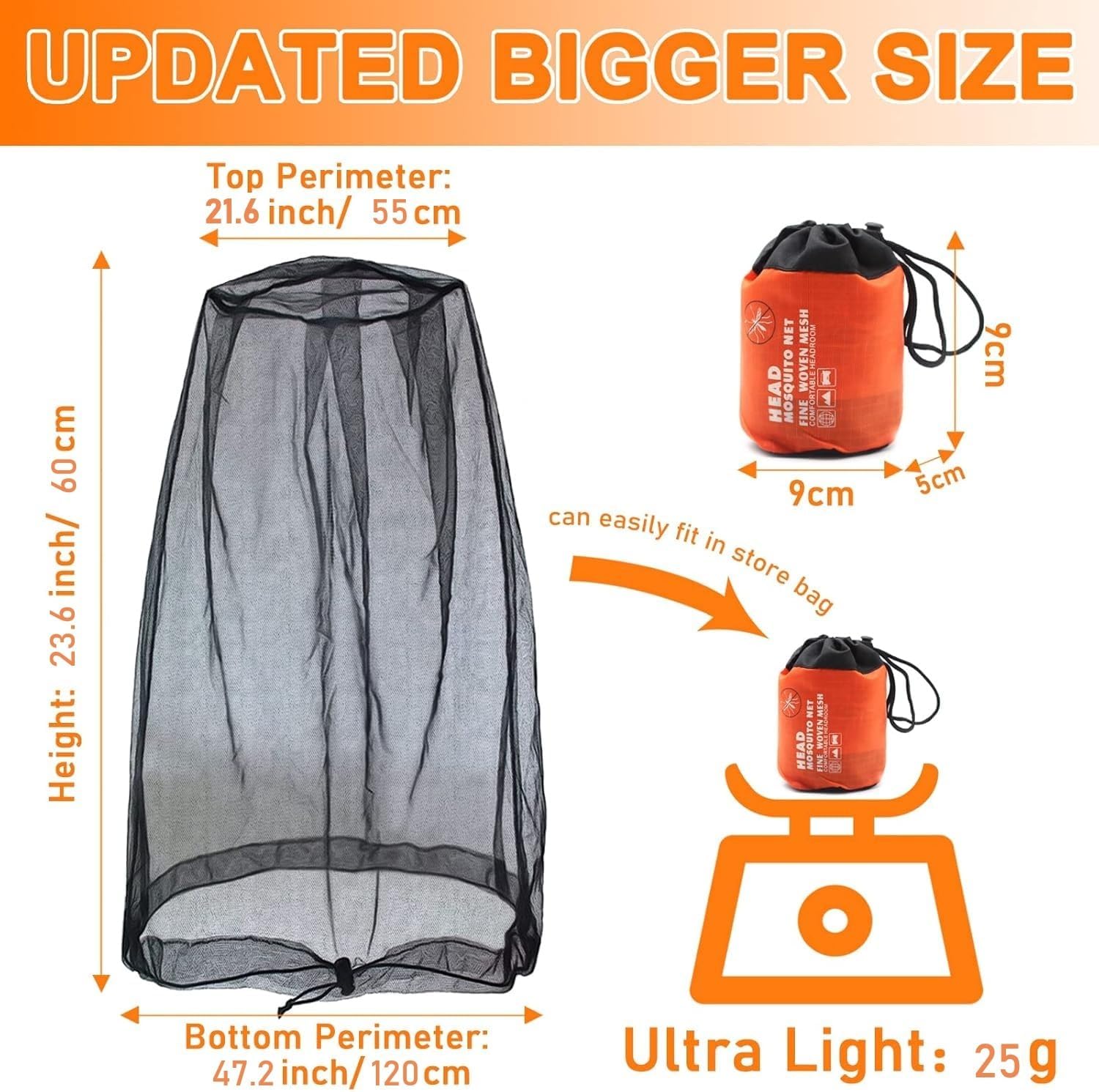 Breathable Mosquito Head Net Head Bug Net for Hat Fits Most Sizes of Hats (2pcs, 47.2" L x 23.6" W, Black)