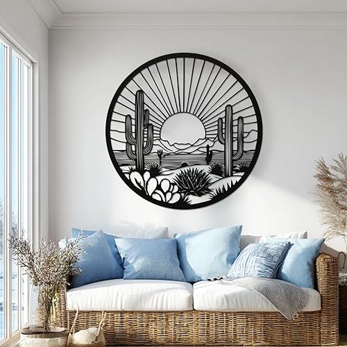 Miniatura 9 de Arte de pared de metal de cactus del desierto, decoración de pared redonda del desierto con diseño de cactus y puesta de sol, arte de pared de metal