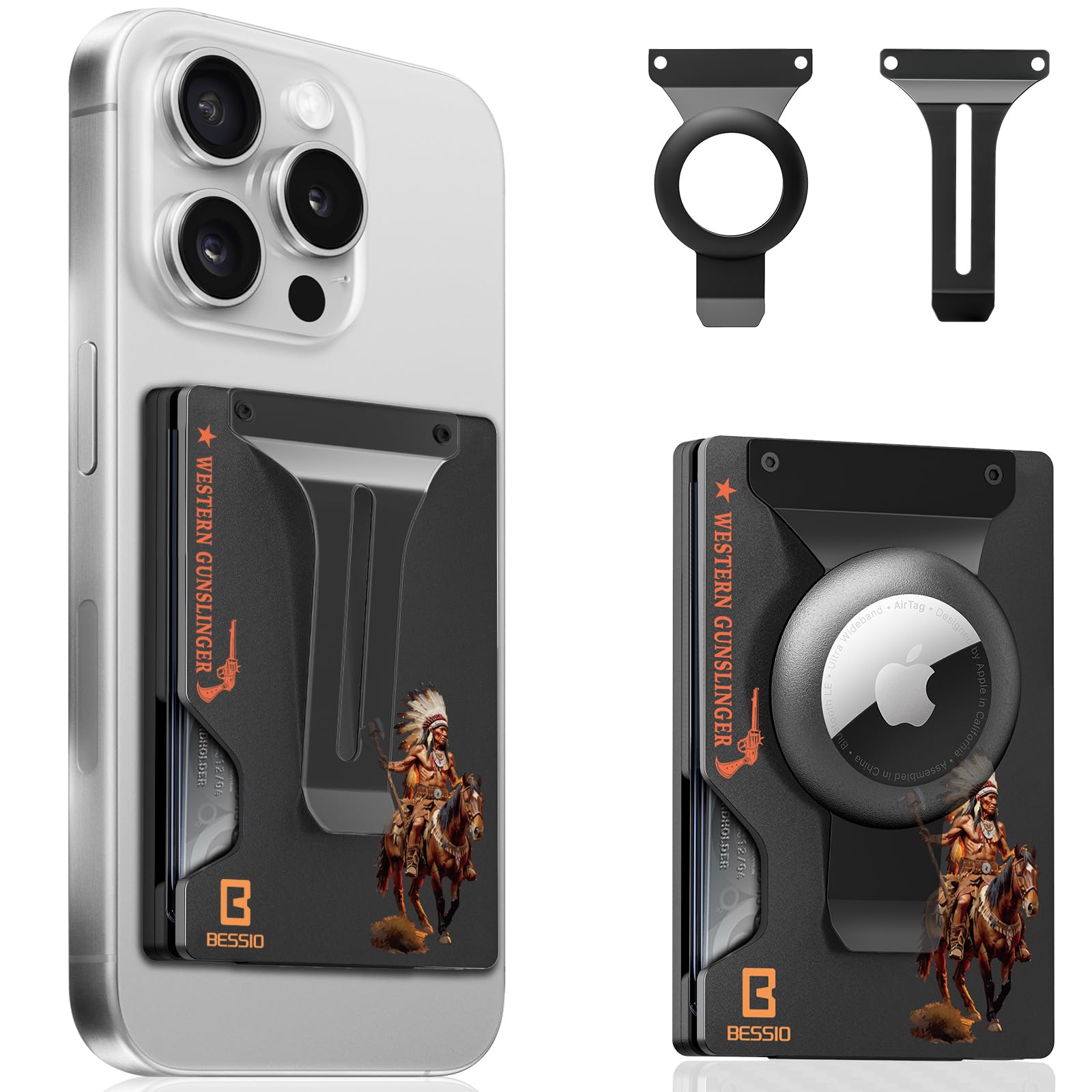 BESSIO Magnetic Phone Wallet Compatible with Apple MagSafe - Metal Card Holder with AirTag Holder, RFID Blocking & Money Clip Mag Safe Wallet for