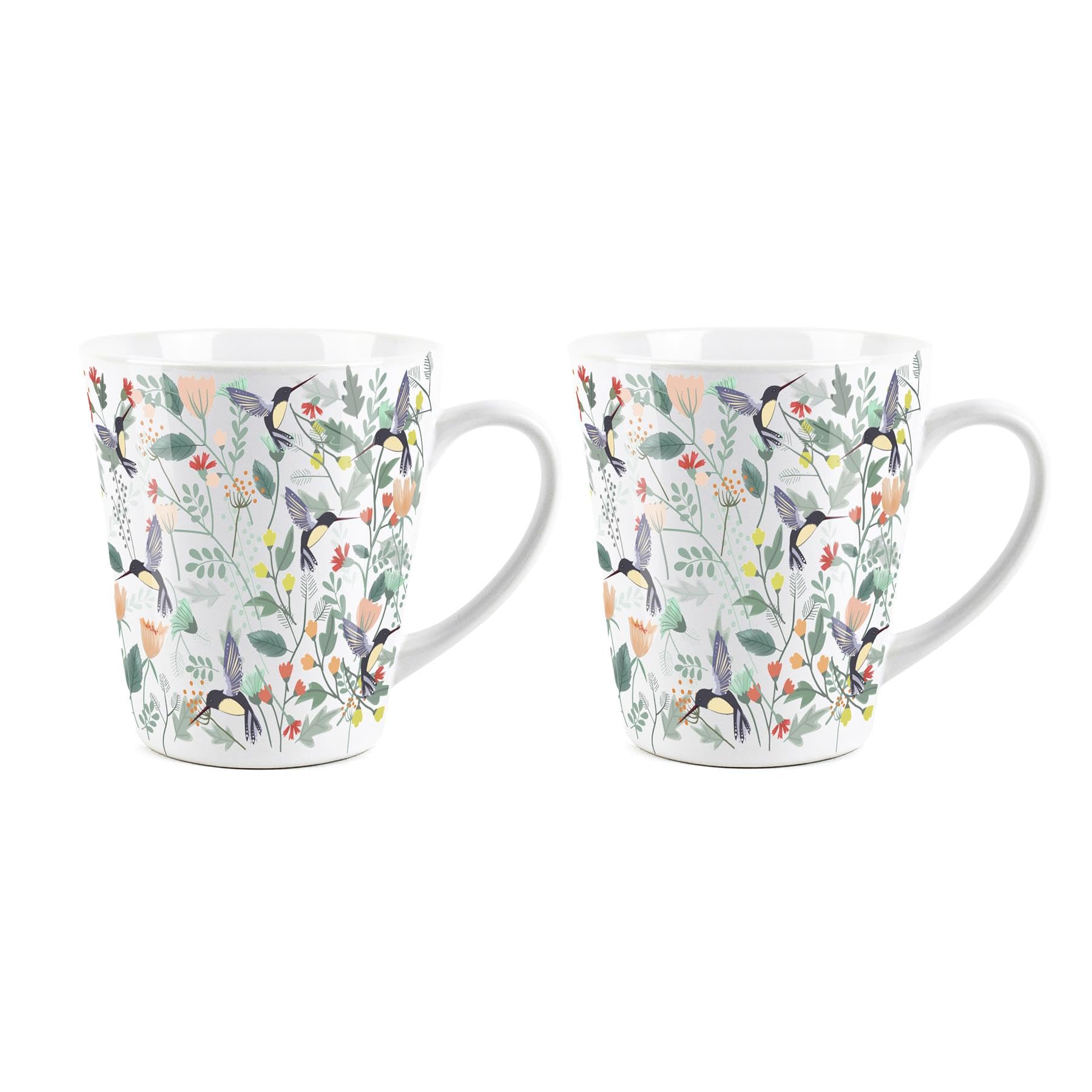 Purely Home Tropical Hummingbirds Small Latte Mugs Set - Ceramic White Tea/Coffee Present Gift Set of 2