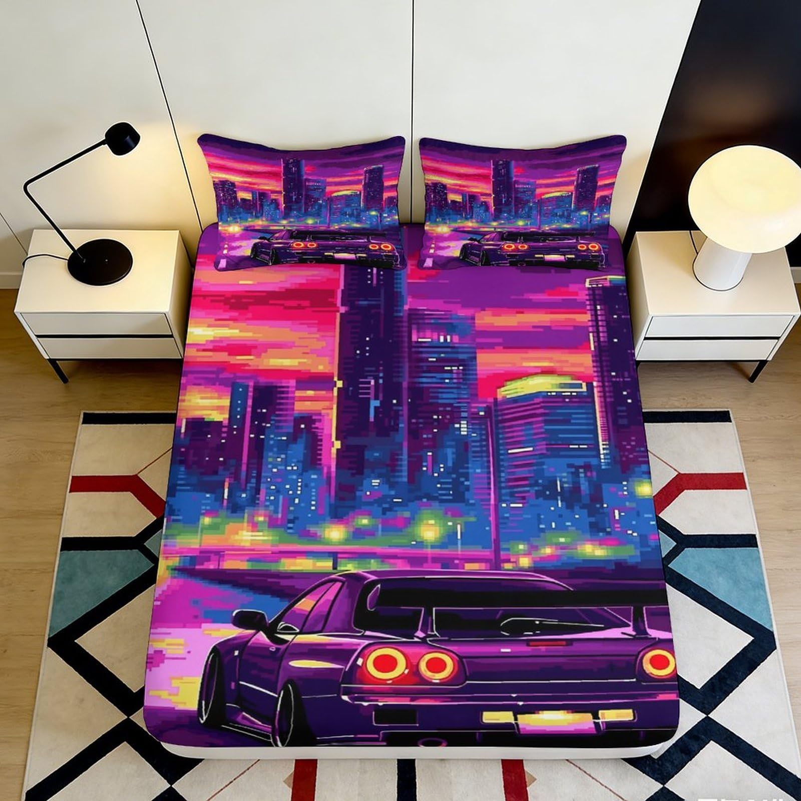 3D Printed Neon Cityscape Fitted Sheet Microfiber Soft Durable Pixel Art Bed Cover for Bedroom Dormitory Guest Room Mattress Protection 140x200x25cm