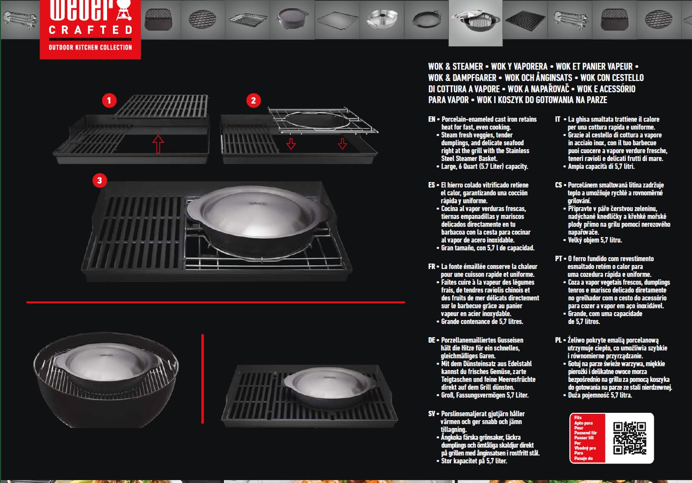 Weber Crafted Wok & Panier Vapeur/Set 2-en-1 en Acier Inoxydable pour saisir et Cuire à la Vapeur des légumes, de la Viande ou du Poisson – Argent (7607)