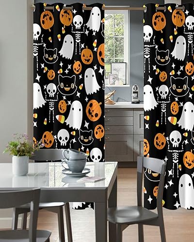 Miniatura 2 de Halloween Doorway Curtains - Blackout Curtains 84 Inches Long, Orange Pumpkin White Ghost Skeleton Black Sliding Door Curtains Grommet Window Panels