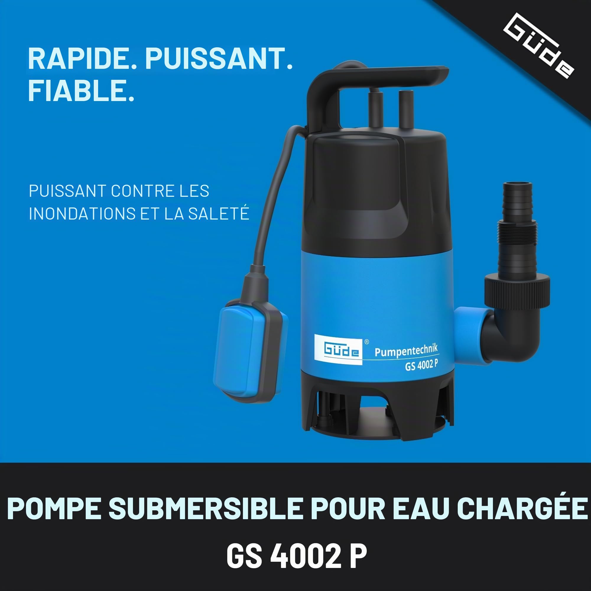 Güde 94630 - GS4002P - Pompe submersible pour eaux usées - Avec interrupteur à flotteur - 400 W - 7500 l/h Hauteur de refoulement maximale : 5 m [Classe énergétique A],Blue/Noir
