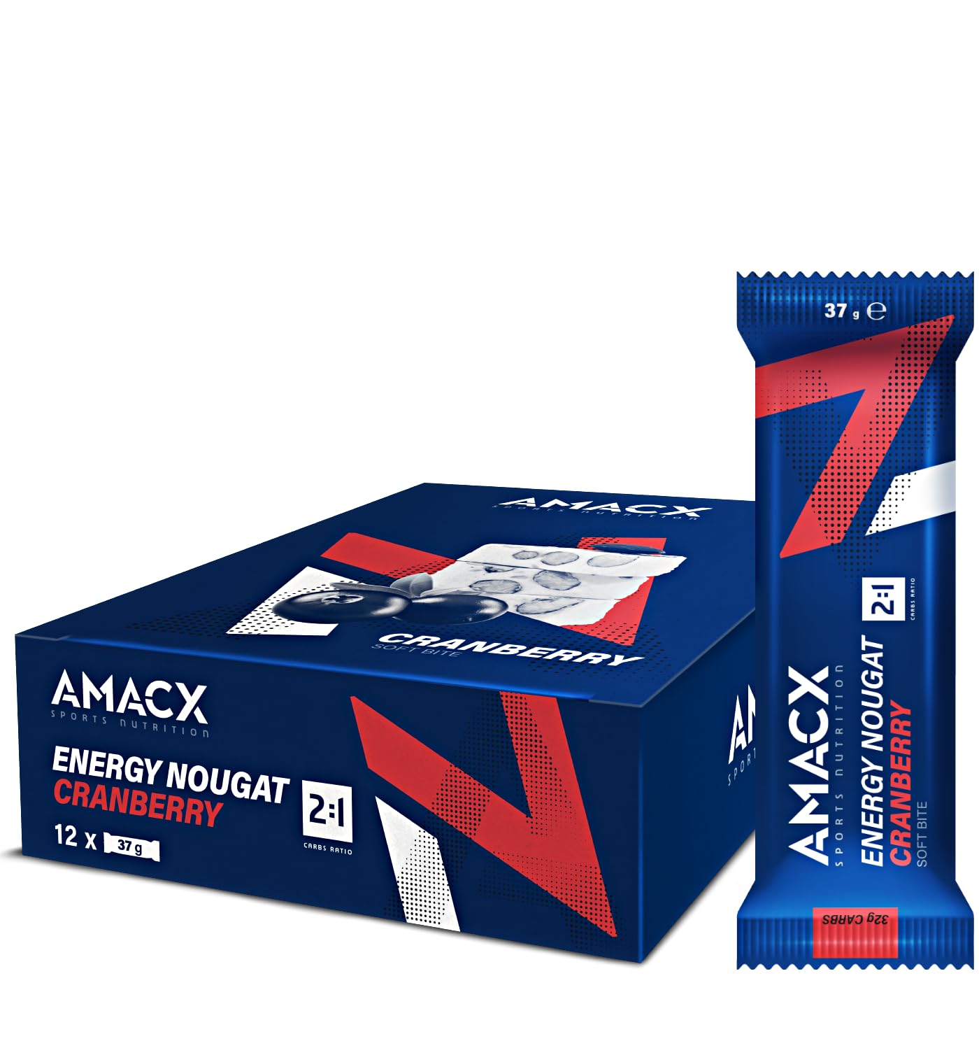 AMACX Energy Nougat Bar for Endurance Athletes – 12 x 37g – Healthy Snacks Fruit and Nut Bars – Sports Nutrition Power Bars – 2:1 Carbohydrates (32g) – Dairy- and Gluten-Free Snack Bars – Cranberry