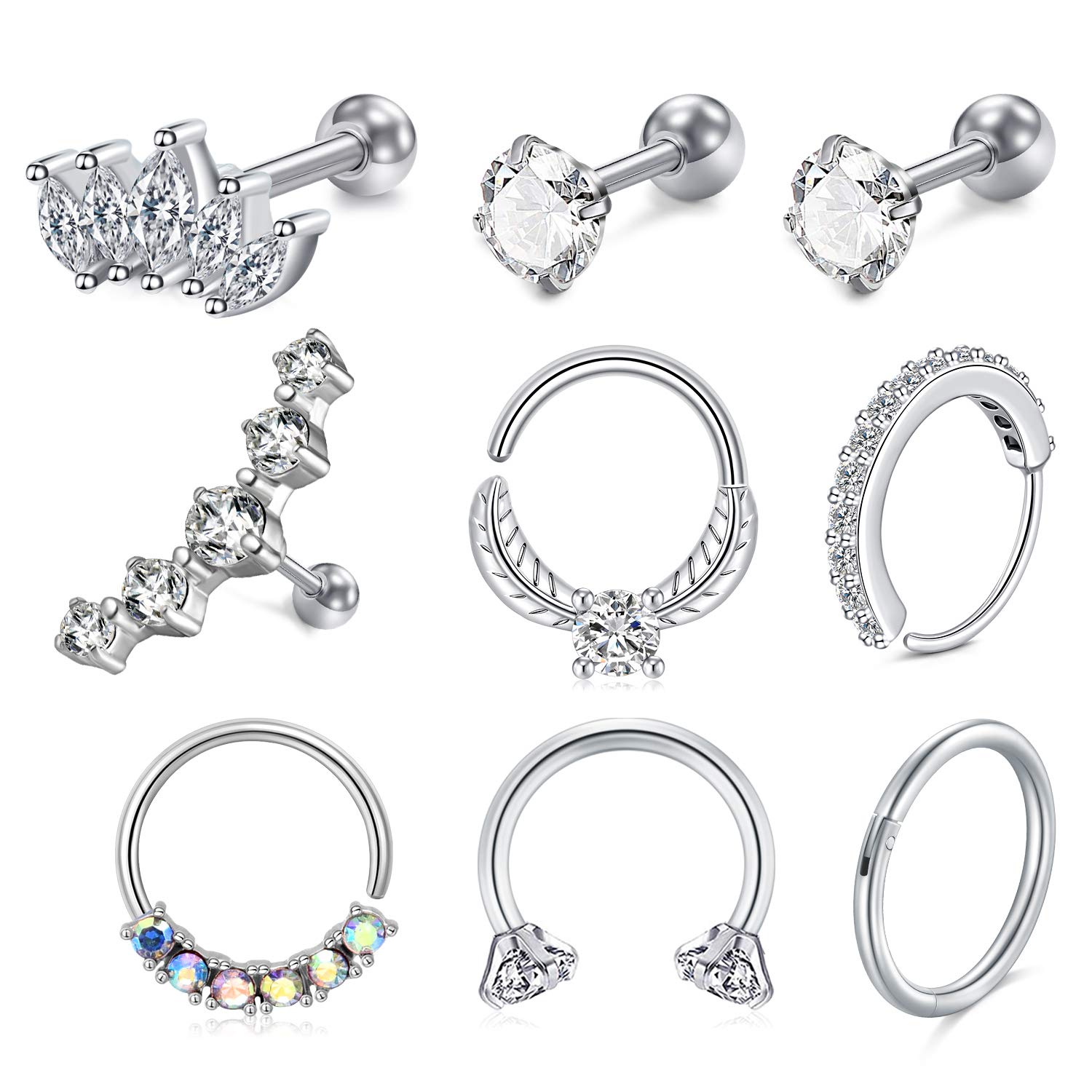 AVYRING20G 16G Piercing Oreja Cartilago Acero inoxidable Aros Piercing Nariz Septum Labio Anillo Tragus Stud Piercing Oreja Helix Daith Joyería 9 Piezas