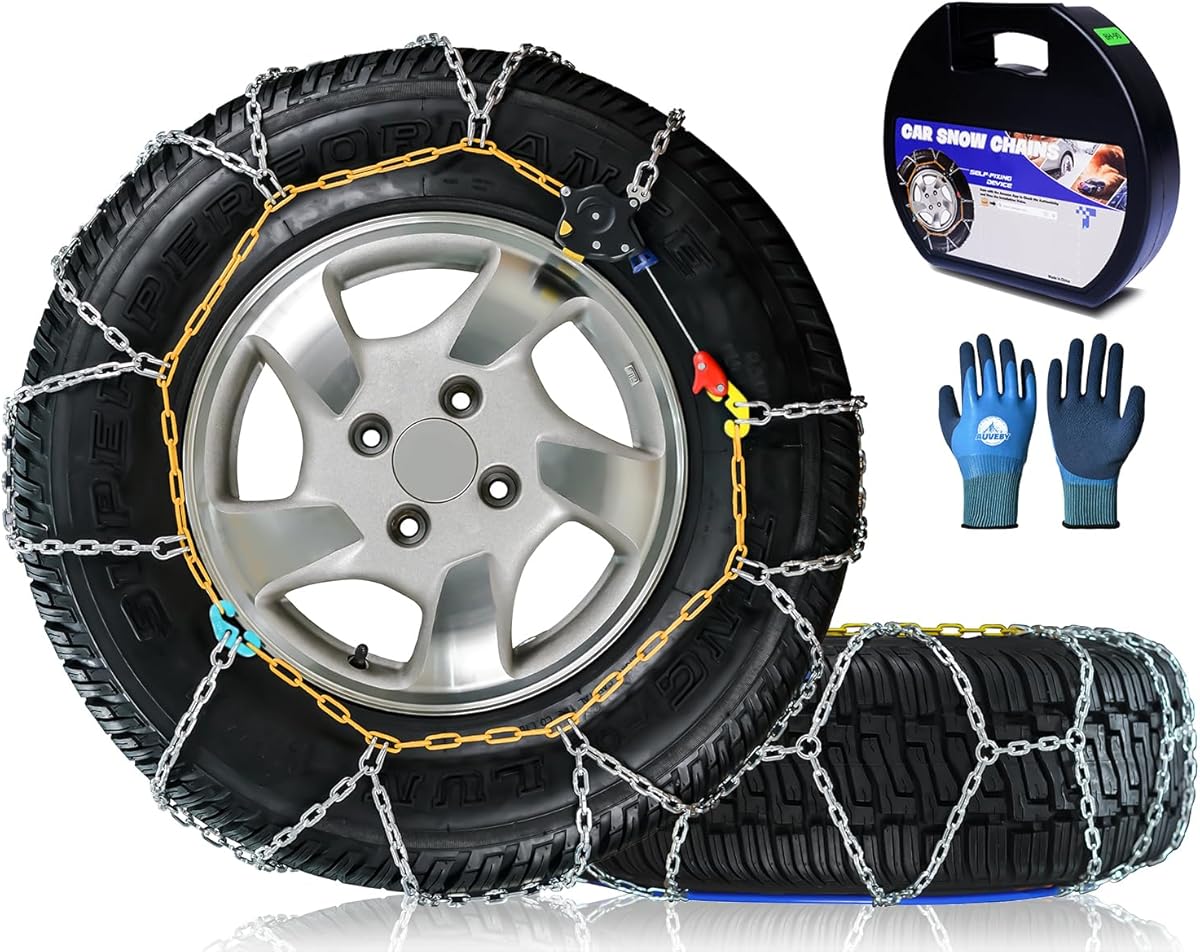 Snow-Chains Auto Fixing 1 Min Quick Fit Easy Installation Tire-Chains, Portable Reusable Universal Emergency Tire Traction Chain for Passenger Car, Pickup Trucks and SUV - Set of 2 (HKN-90)