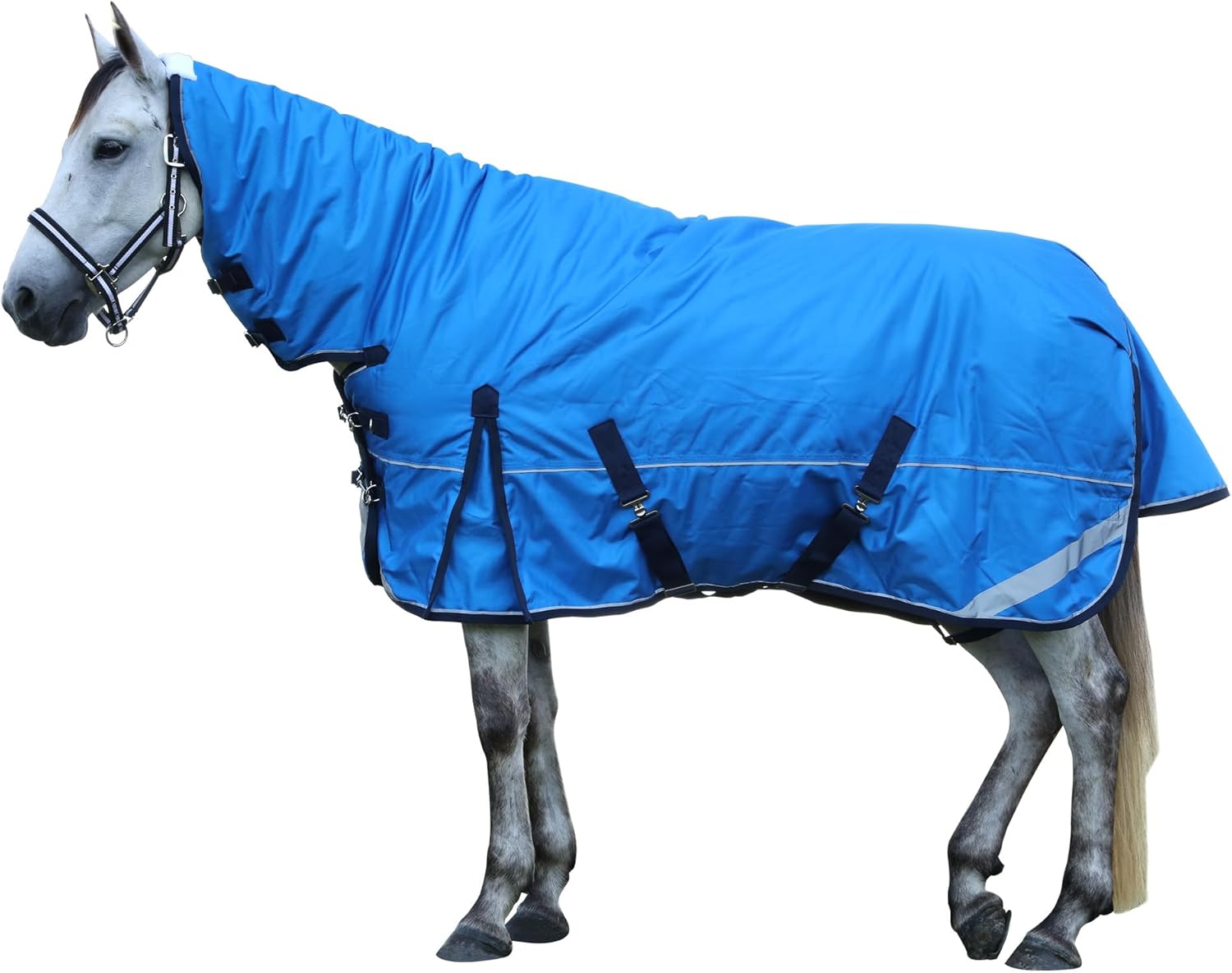 1680D Heavyweight Horse Blanket with 300g Insulation in Body and Hood, Full Neck Combo, Waterproof Breathable Insulated Winter Turnout Blanket Cyanblue 75