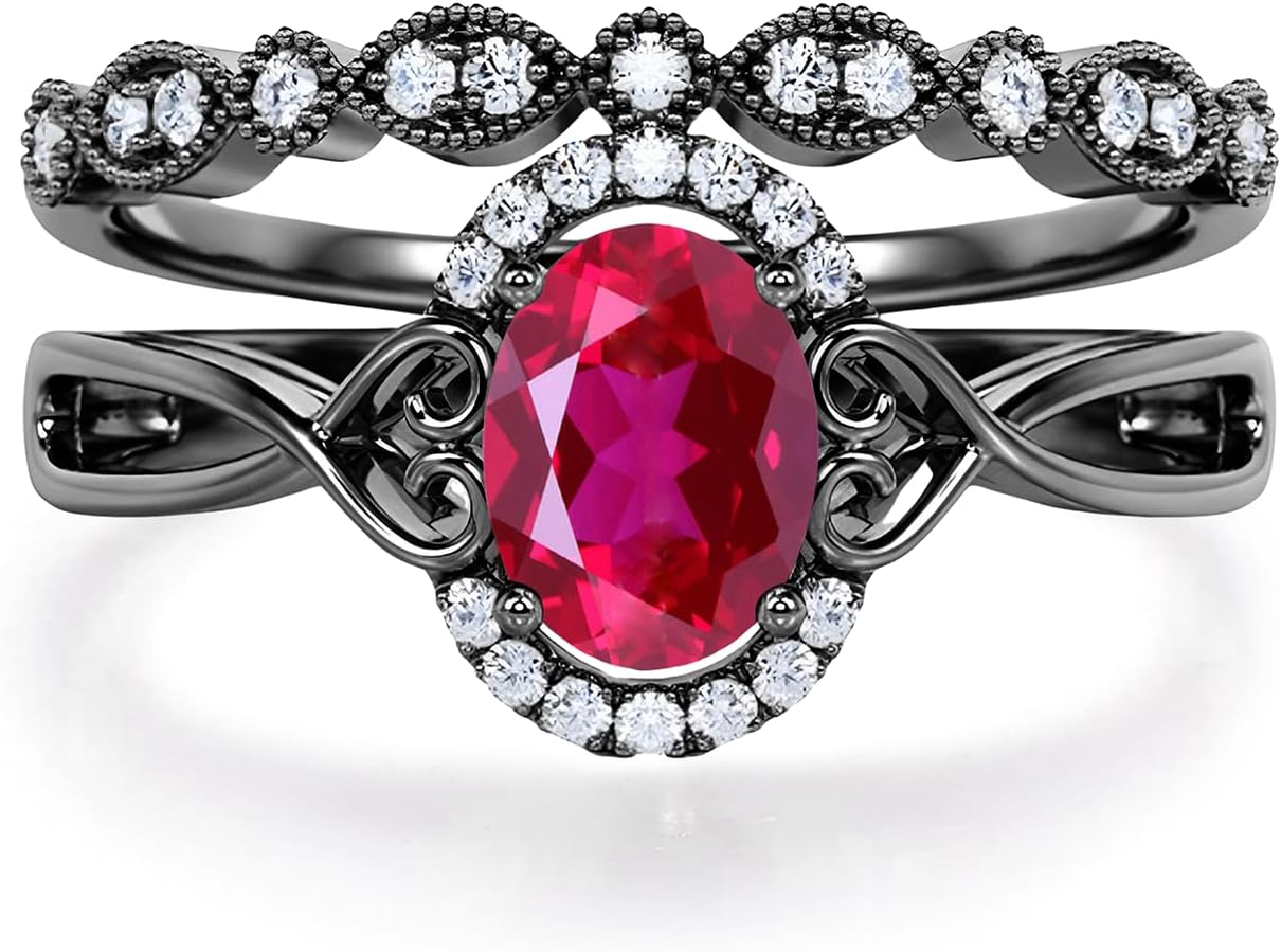 1.5CT Pear/Oval Cut Created Ruby Ring Sets for Women 10K 14K 18K Gold Gemstone Ruby Inspired Anniversary Ring for Wedding Valentine's Day Size 4-12