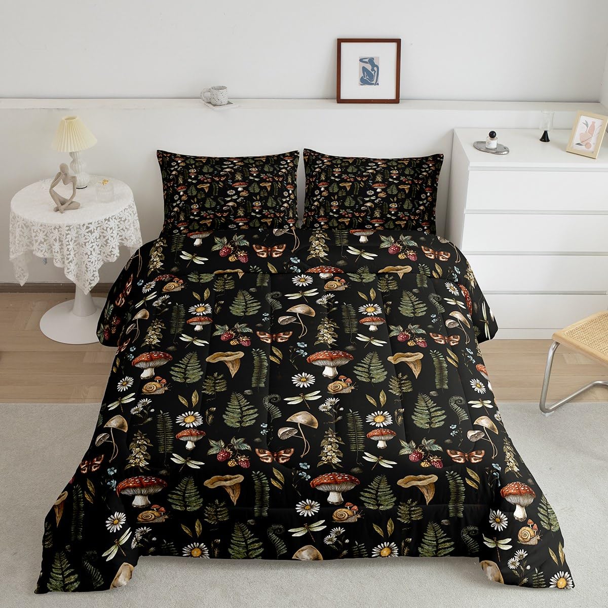 Mushroom Comforter Set Natural Butterfly Wild Plant Leaves Decor Comforter for Kids Teens Adults Outdoor Jungle Rustic Farmhouse Style Bedding Set with 2 Pillowcases+1 Comforter Full Size 3 Pcs