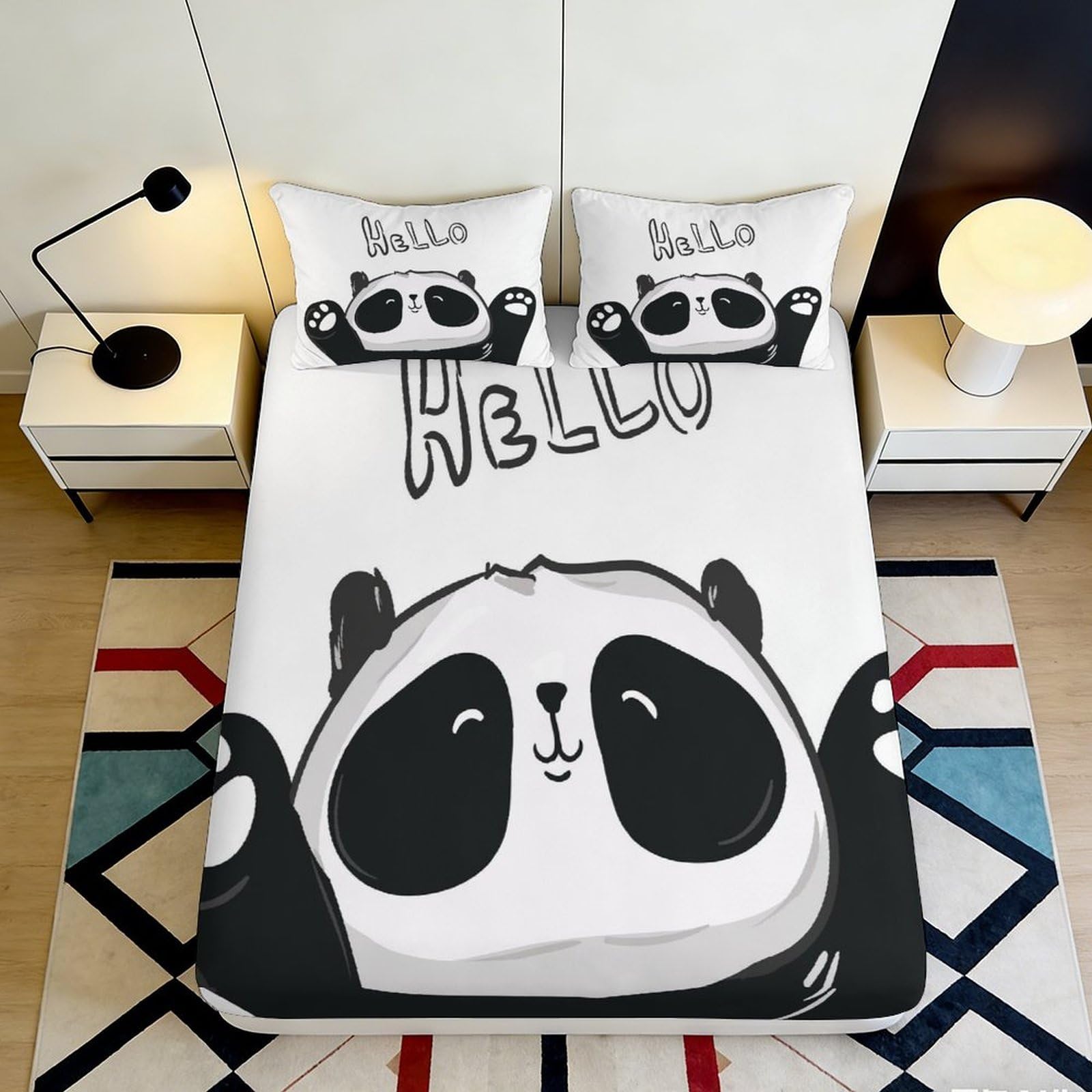 3D Printed Cute Panda Fitted Sheet Microfiber Soft Durable Hello Cartoon Bed Cover for Bedroom Dormitory Guest Room Mattress Protection 160x200x25cm