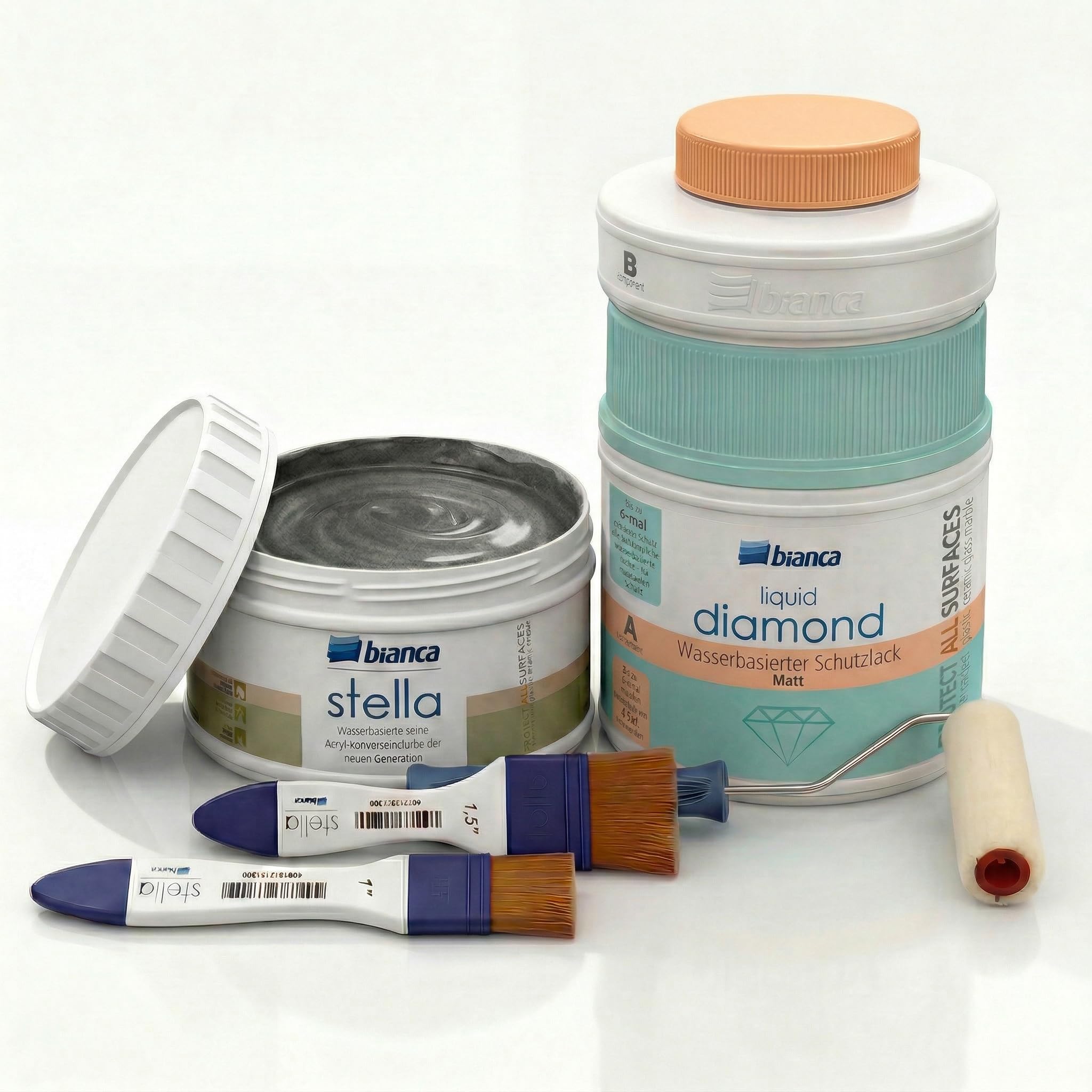 Bianca Stella Universalfarbe 250ml, Metallic-Anthrazit & Matt 2K Schutzlack 600g mit Rolle & Pinseln - Parfümierte Renovierfarbe für Möbel, Holz, Fliesen, Metall & Kunststoff
