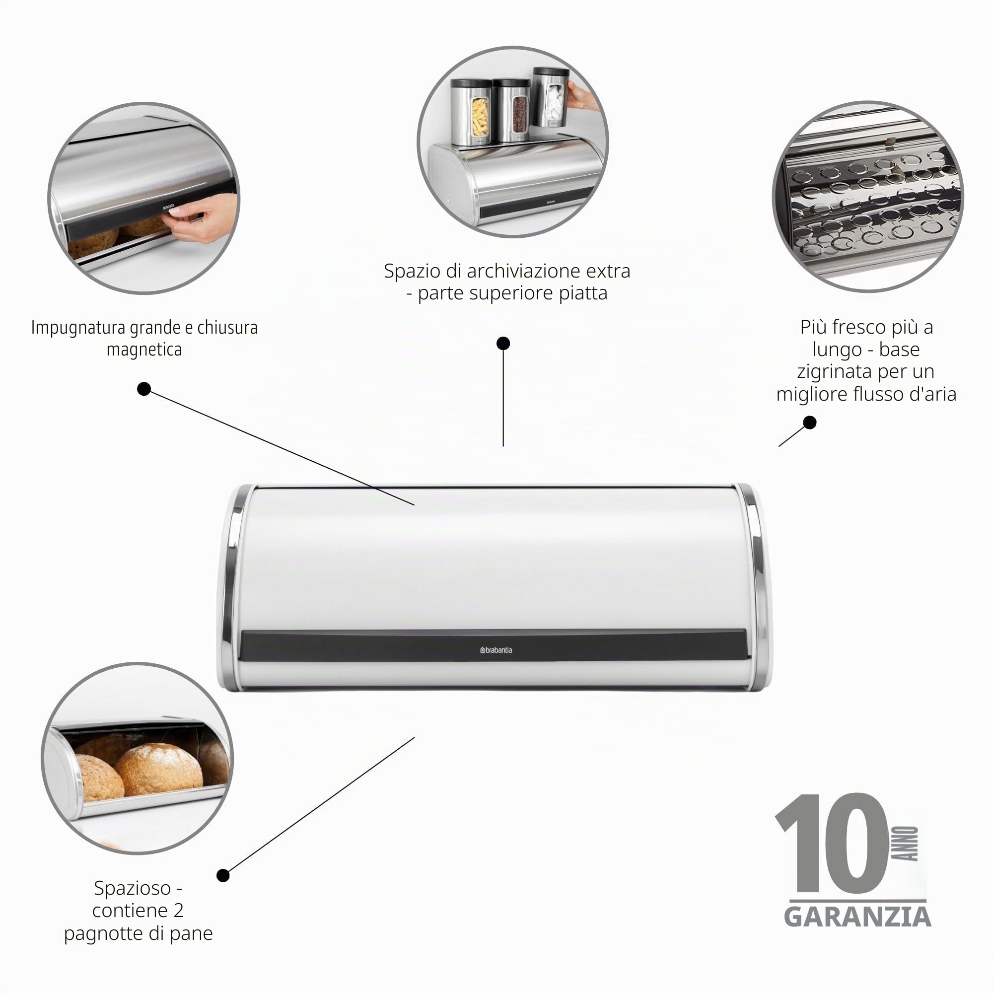 Brabantia Roll Top Portapane a Serranda, Grande Contenitore da Banco per Pane, Bagel, Panini, Design Intelligente e Salvaspazio per la Cucina con Piano Piatto, Metallo Resistente, White