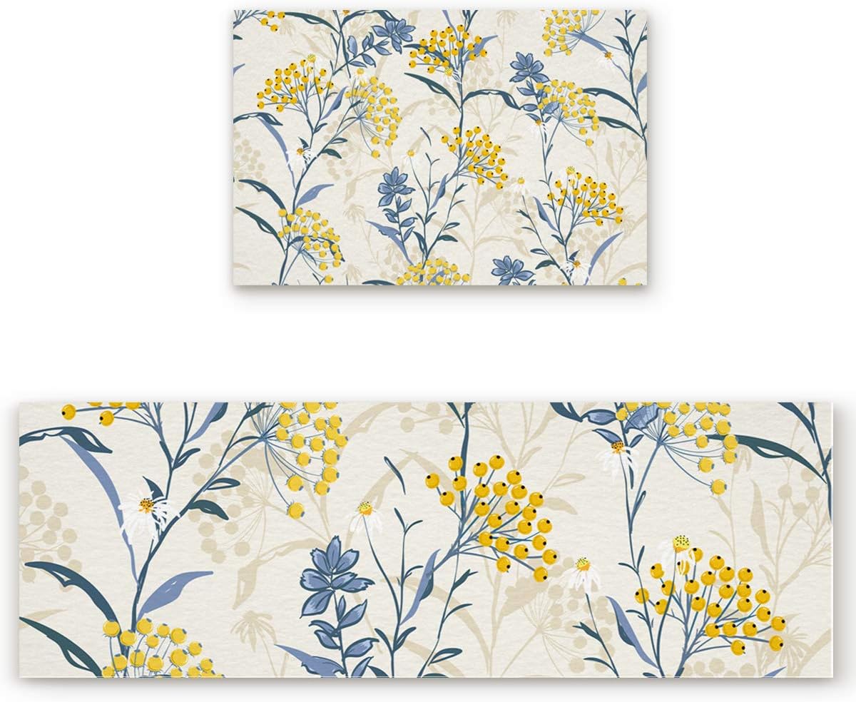 Juego de 2 alfombras de cocina vintage con flores de verano, amarillo y azul, absorbentes, para fregadero, alfombras de cocina lavables